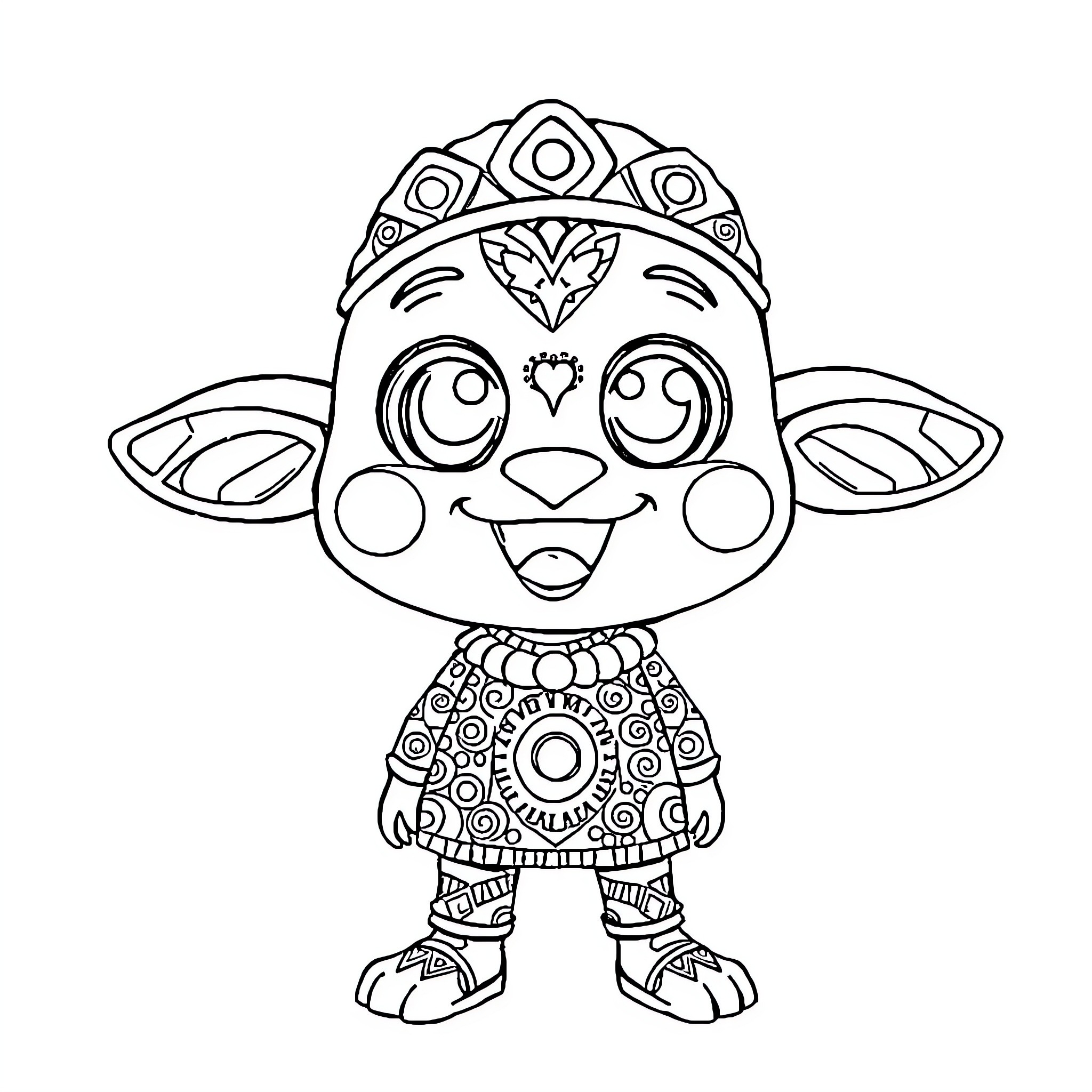 Labubu adorned in tribal attire and headpiece Coloring Page (free black-and-white line drawing printable PDF for all, from beginners to advanced learners, including children, teens, adults, and seniors)