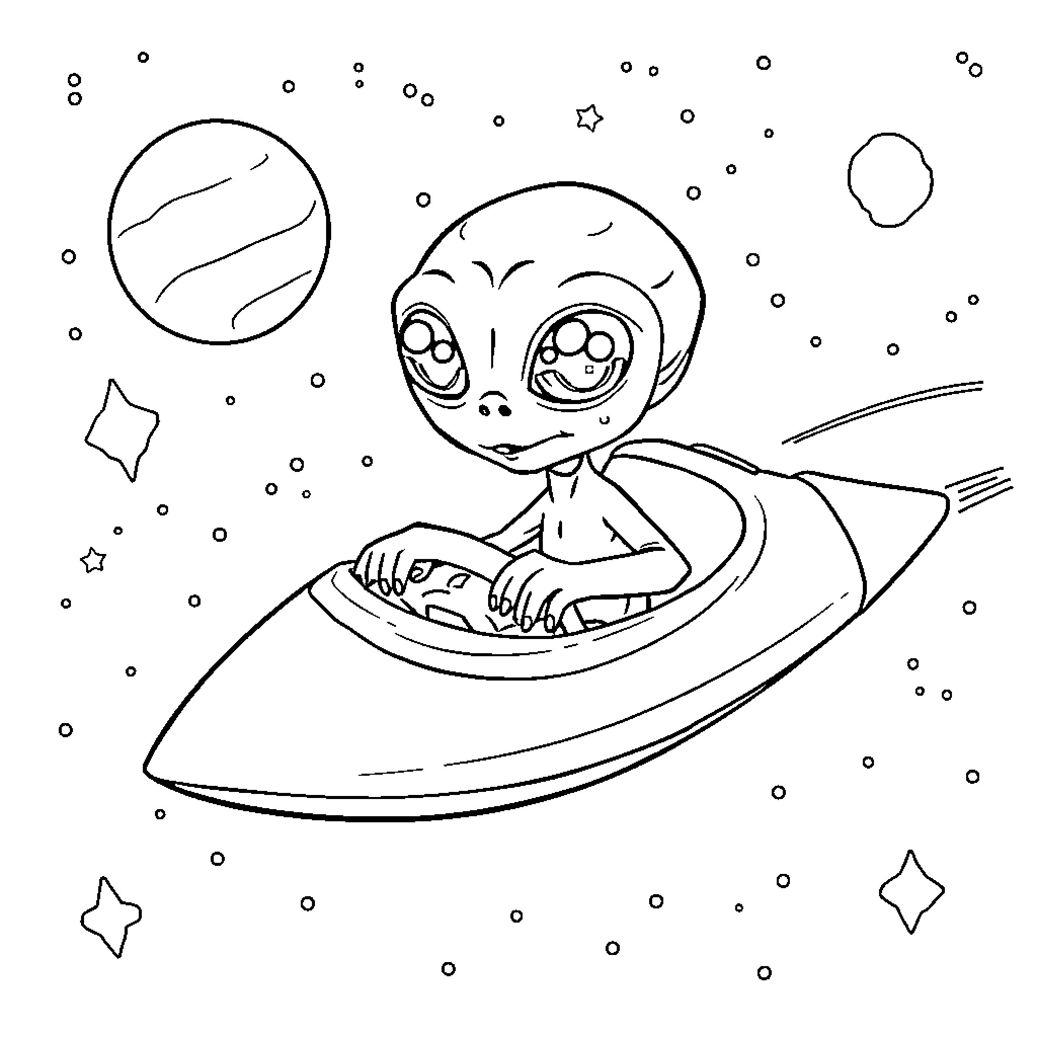 Alien creature exploring outer space in spacecraft Coloring Page (free black-and-white line drawing printable PDF for all, from beginners to advanced learners, including children, teens, adults, and seniors)