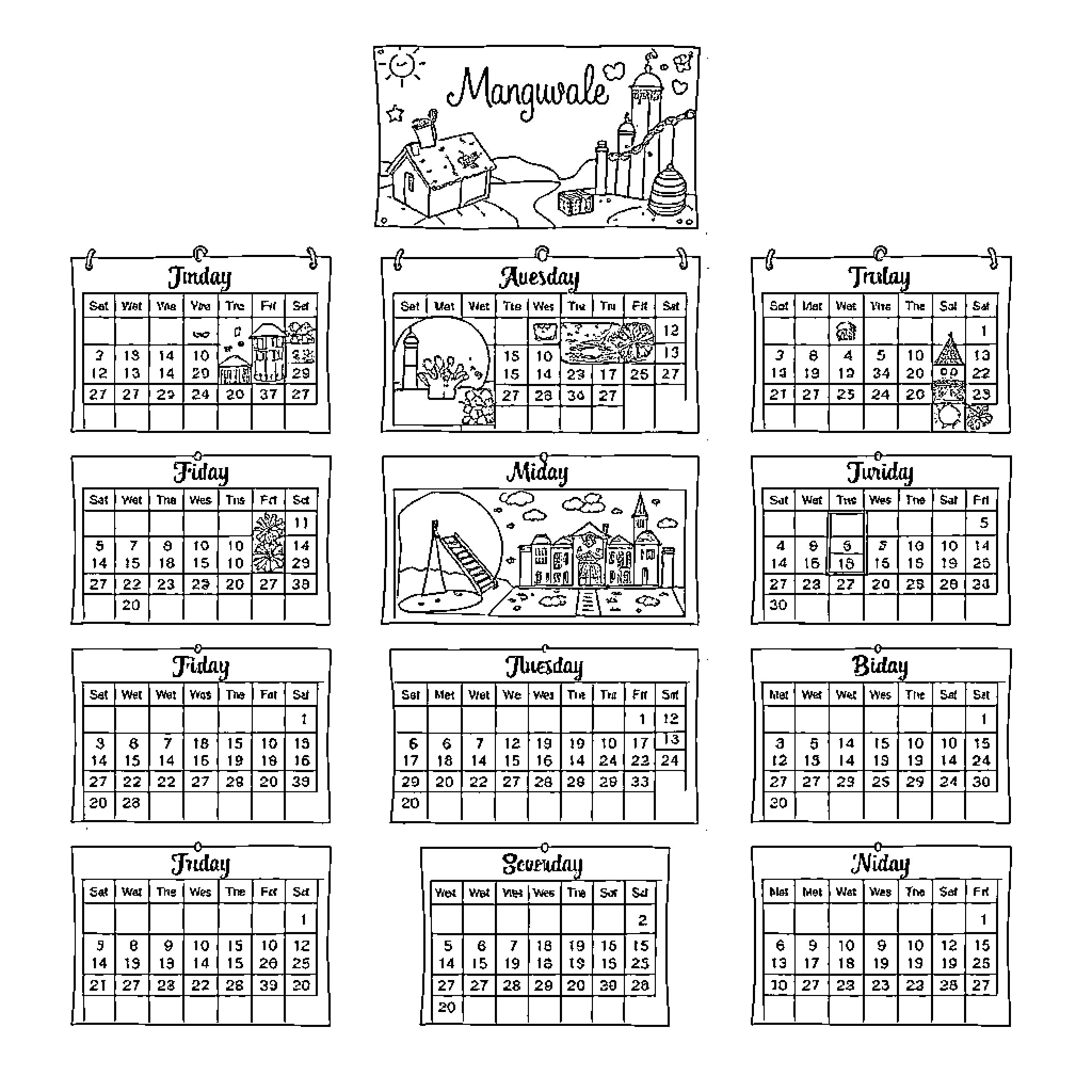 Calendar with playful characters and cityscapes Coloring Page (free black-and-white line drawing printable PDF for all, from beginners to advanced learners, including children, teens, adults, and seniors)