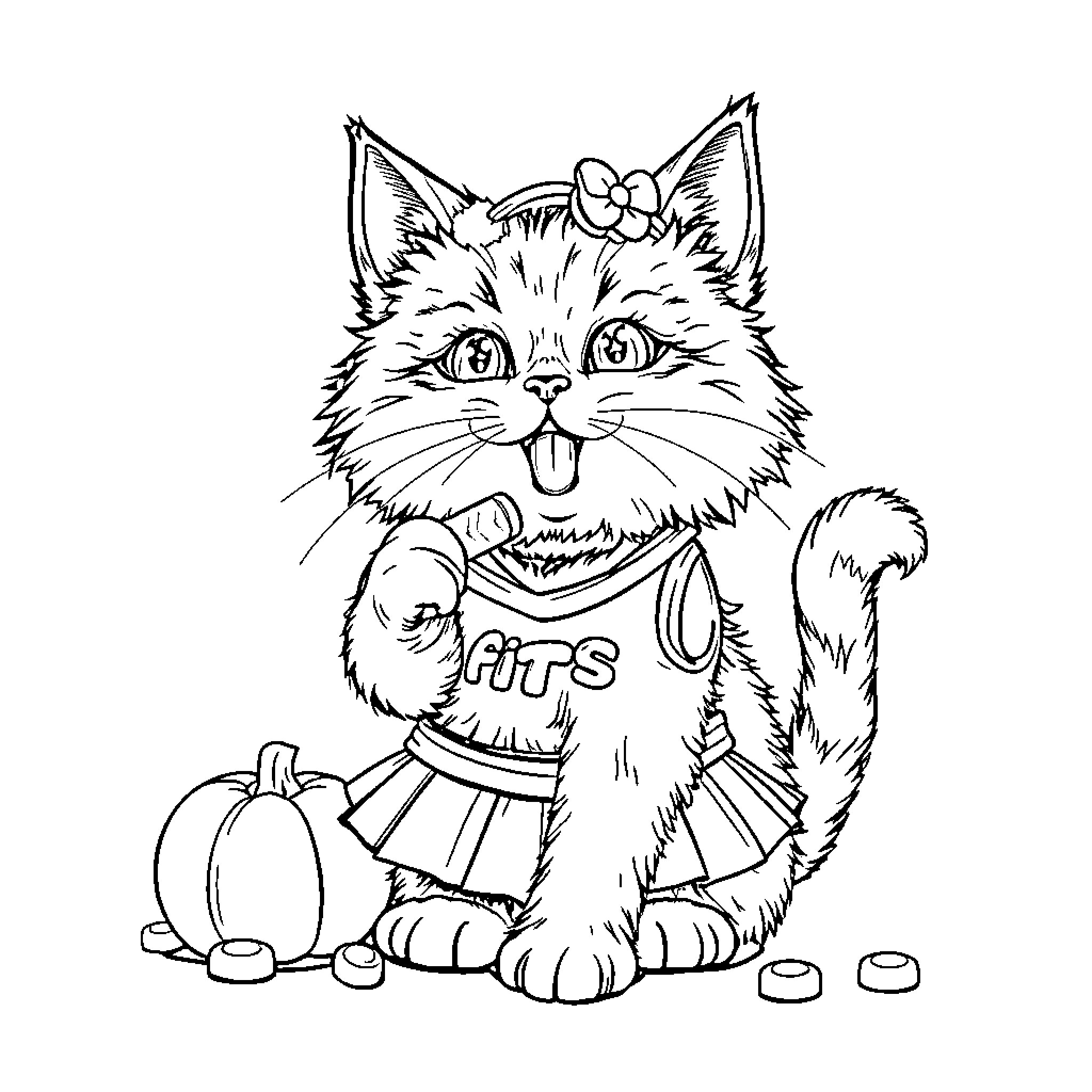 Cat wearing Cheerful Outfit with Accessories Coloring Page (free black-and-white line drawing printable PDF for all, from beginners to advanced learners, including children, teens, adults, and seniors)