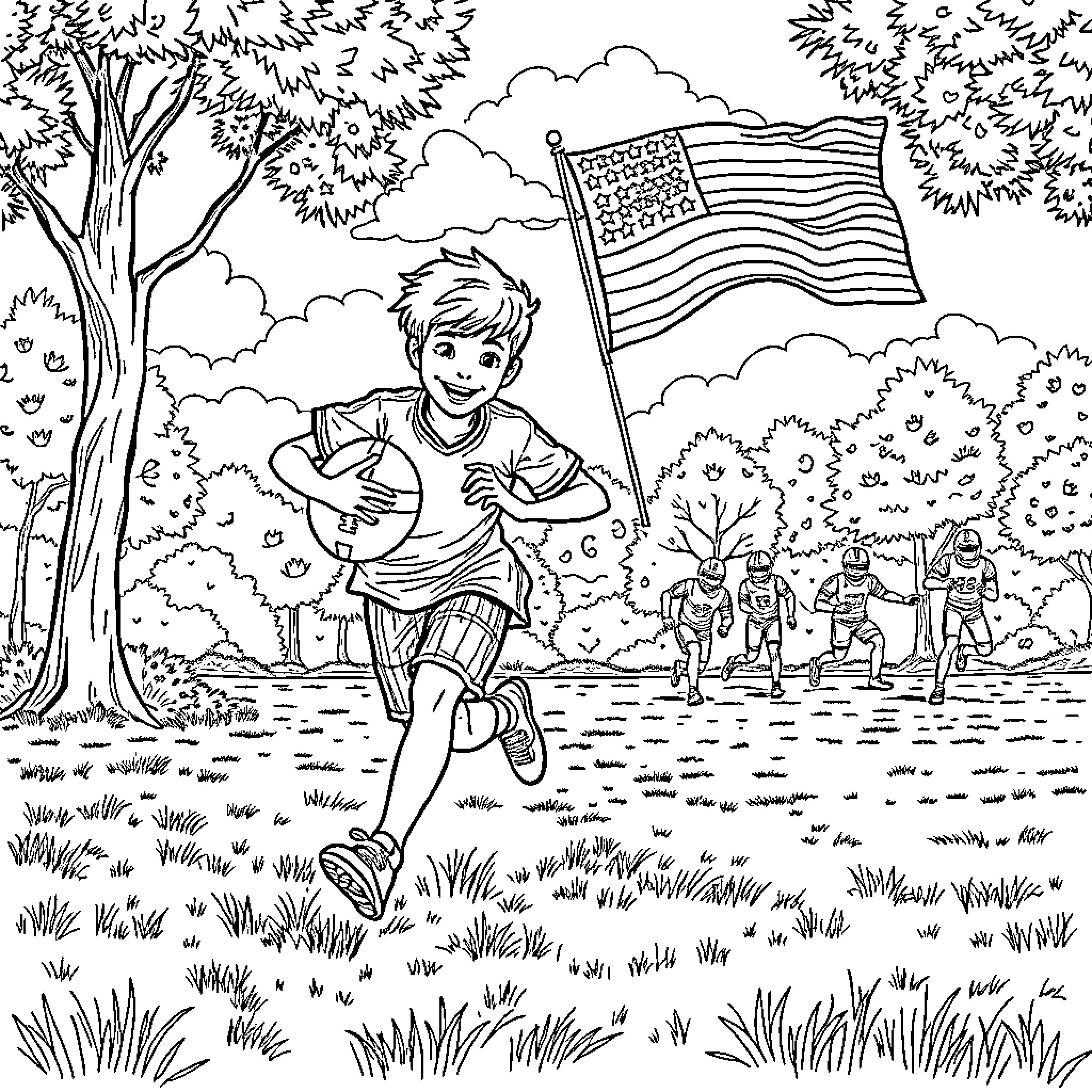 Boy running with American flag in a park Coloring Page (free black-and-white line drawing printable PDF for all, from beginners to advanced learners, including children, teens, adults, and seniors)