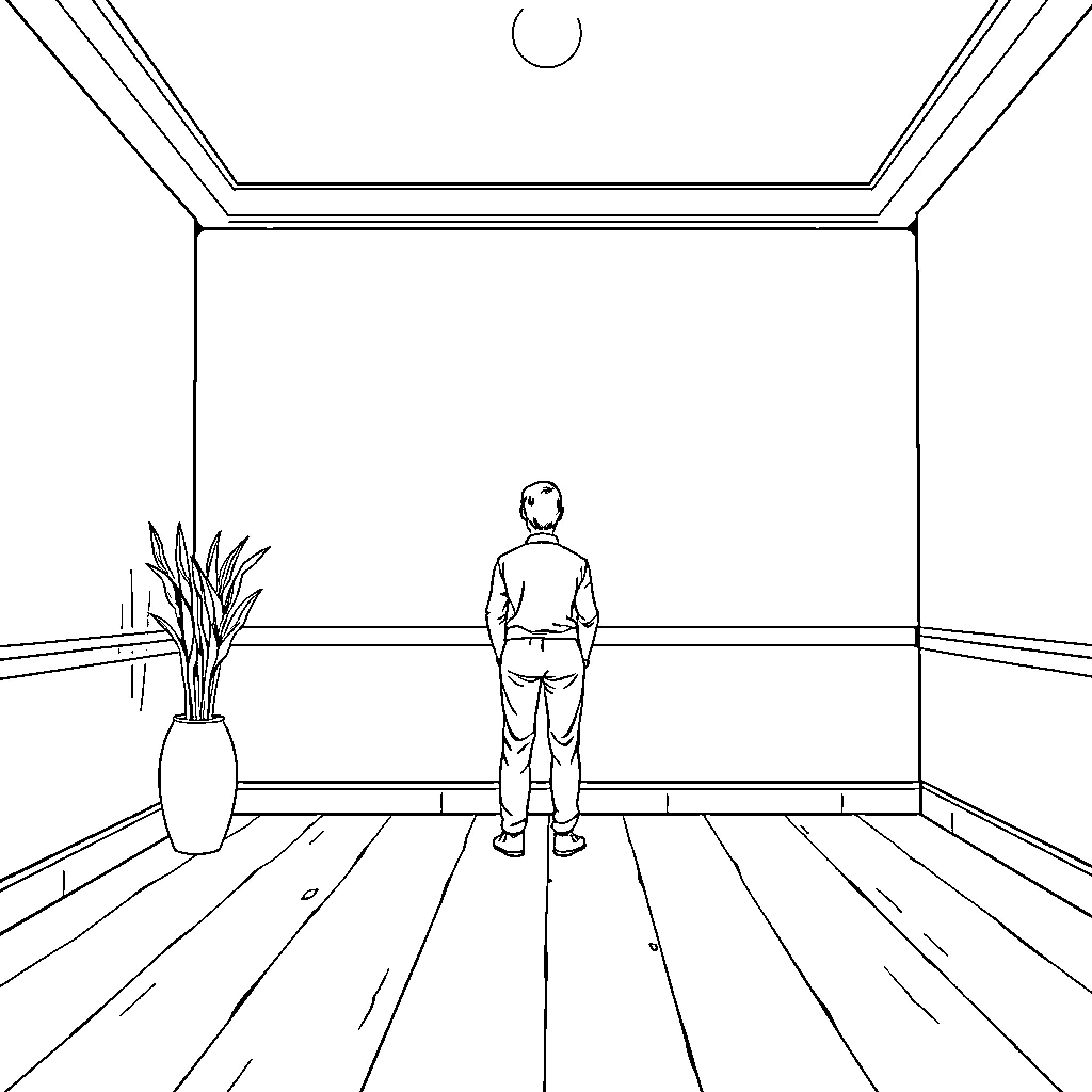 I stand alone in a minimalist room Coloring Page (free black-and-white line drawing printable PDF for all, from beginners to advanced learners, including children, teens, adults, and seniors)