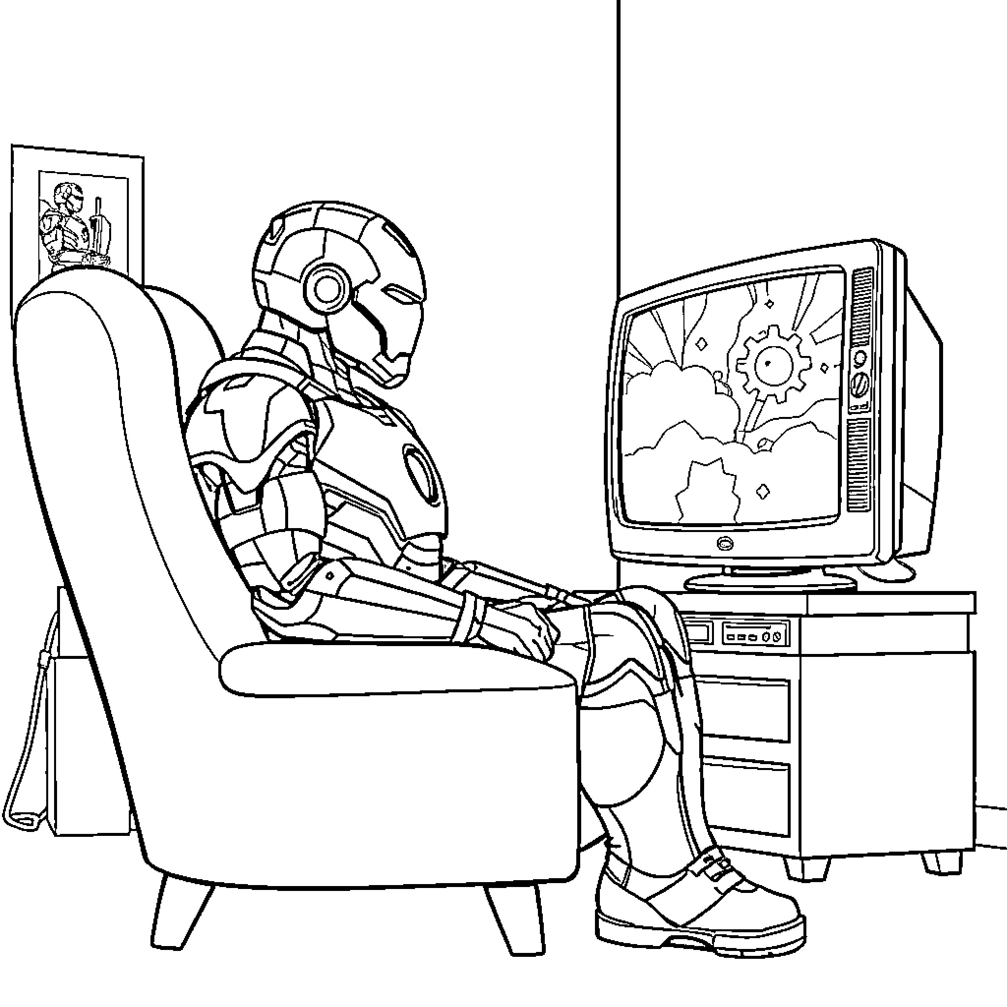 Ironman playing video game on computer Coloring Page (free black-and-white line drawing printable PDF for all, from beginners to advanced learners, including children, teens, adults, and seniors)