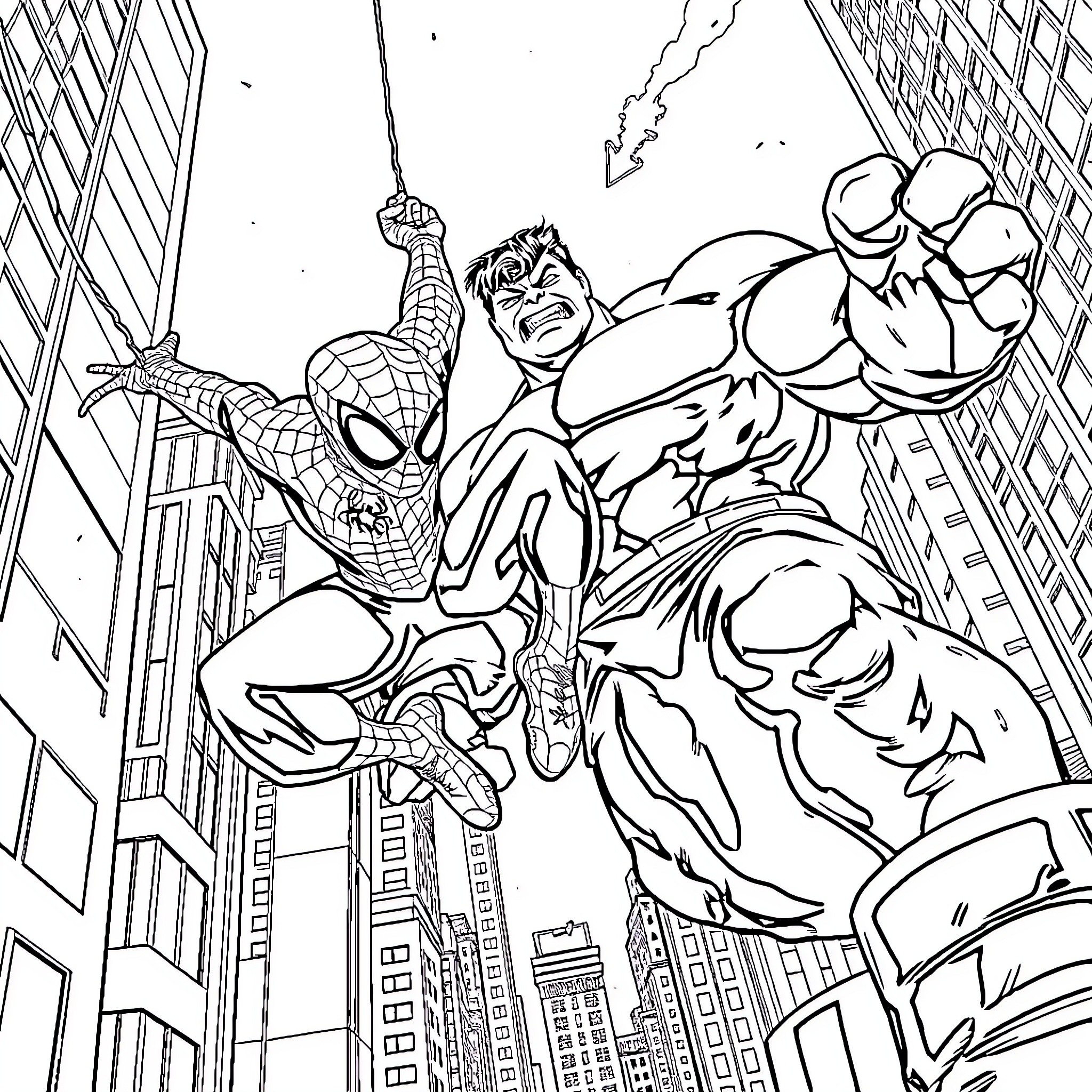 Spiderman and Hulk Battling in the City Coloring Page (free black-and-white line drawing printable PDF for all, from beginners to advanced learners, including children, teens, adults, and seniors)
