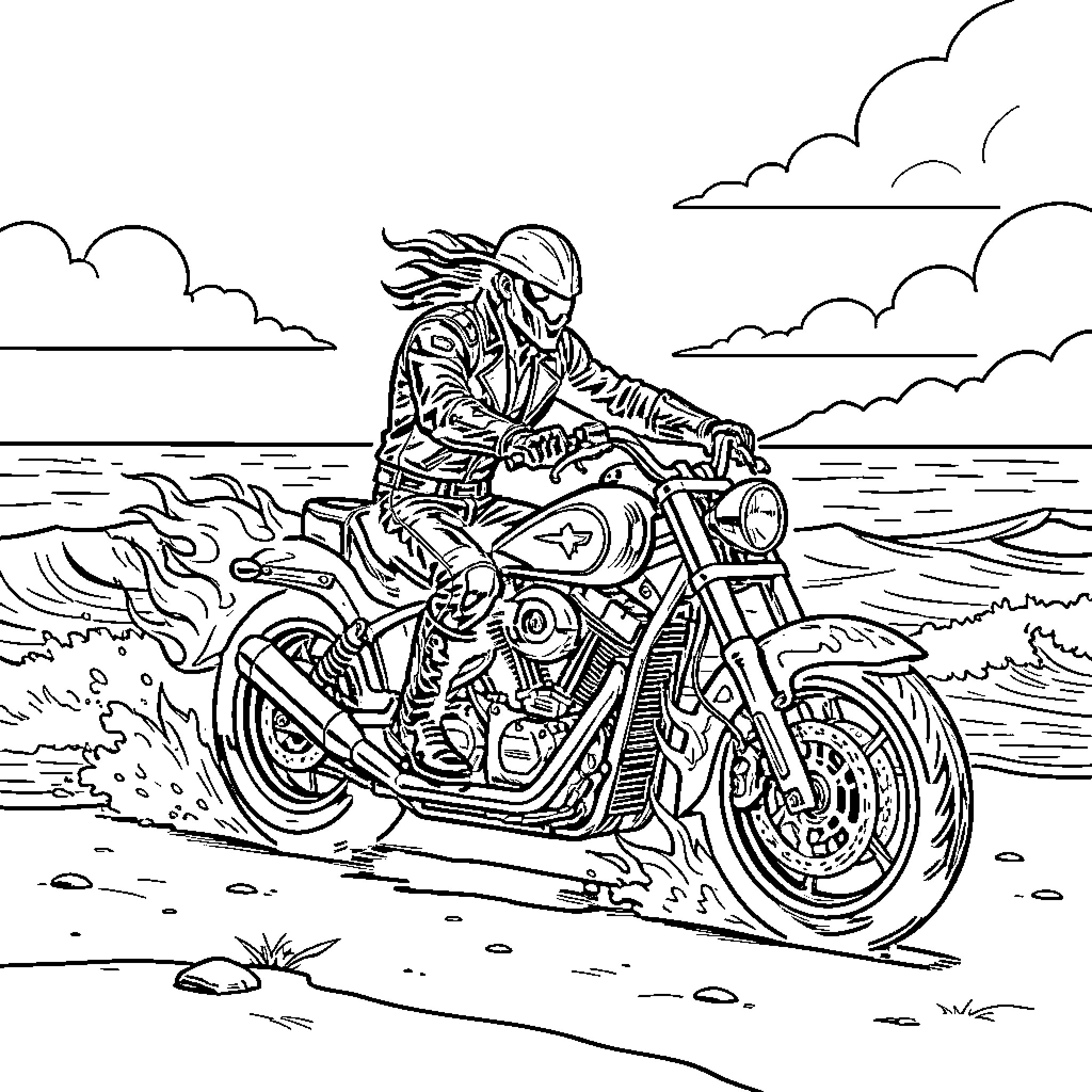 Ghost Rider speeding across the water on a motorcycle Coloring Page (free black-and-white line drawing printable PDF for all, from beginners to advanced learners, including children, teens, adults, and seniors)