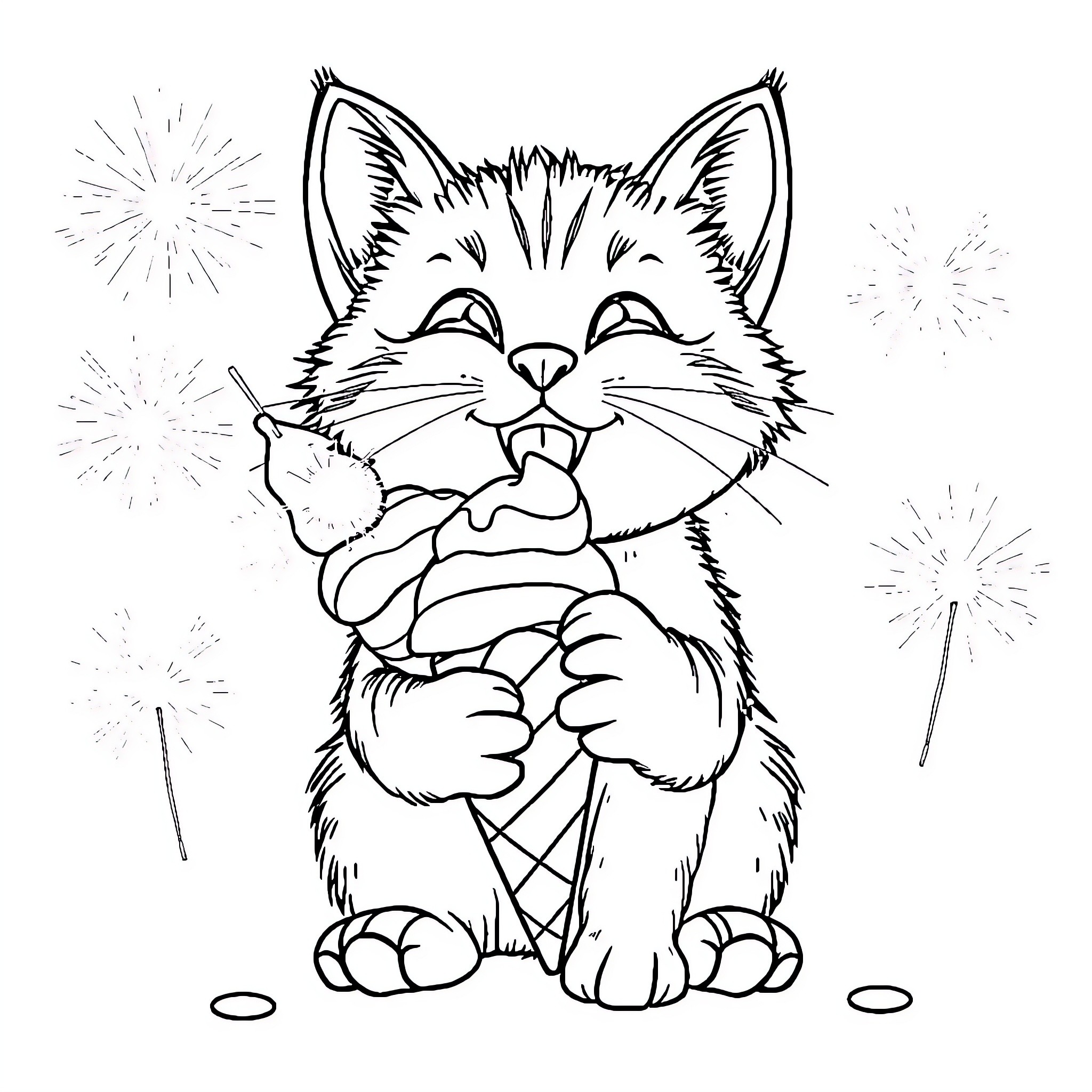 Cat enjoying ice cream on a sparkling night Coloring Page (free black-and-white line drawing printable PDF for all, from beginners to advanced learners, including children, teens, adults, and seniors)