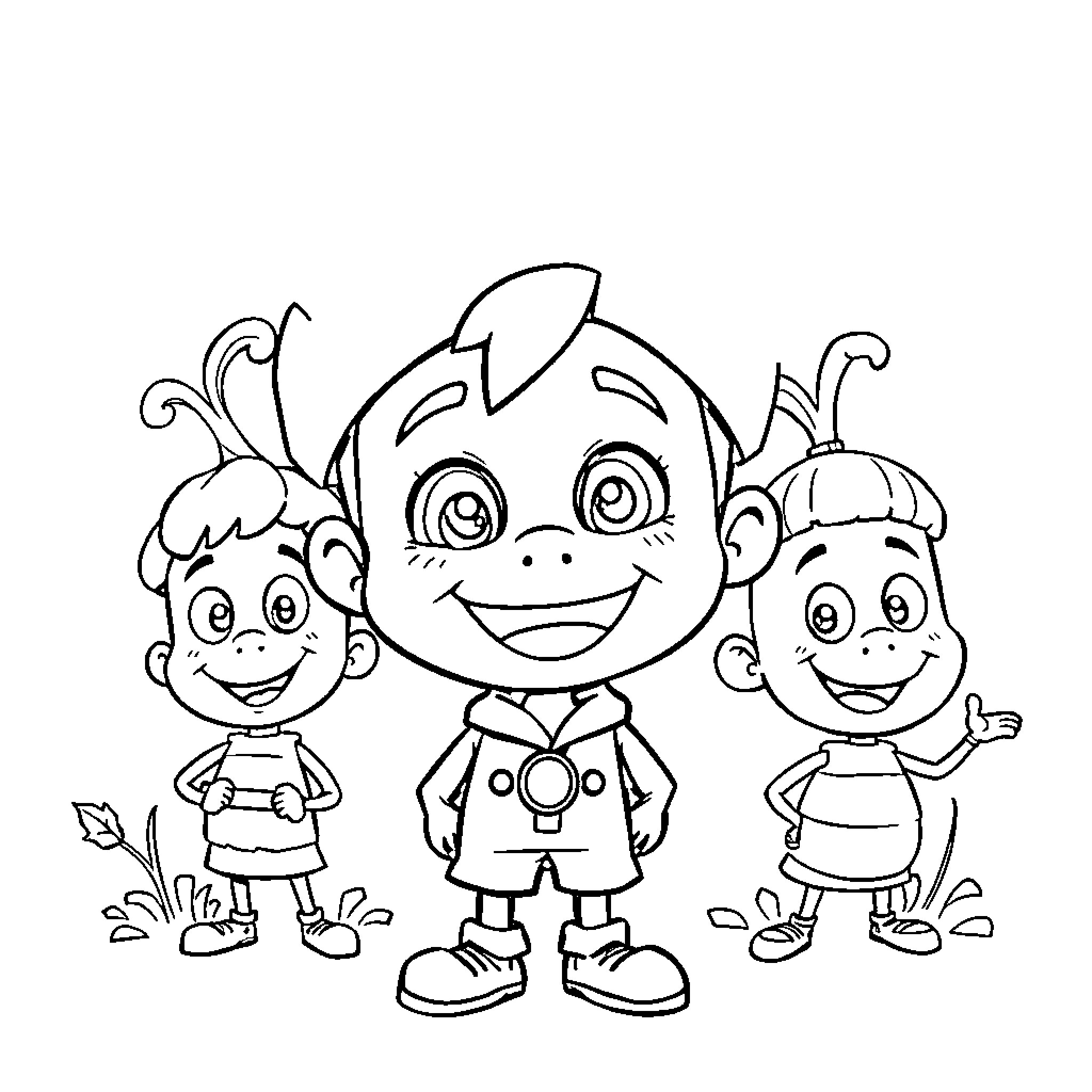 Keinner and his friends explore the outdoors Coloring Page (free black-and-white line drawing printable PDF for all, from beginners to advanced learners, including children, teens, adults, and seniors)