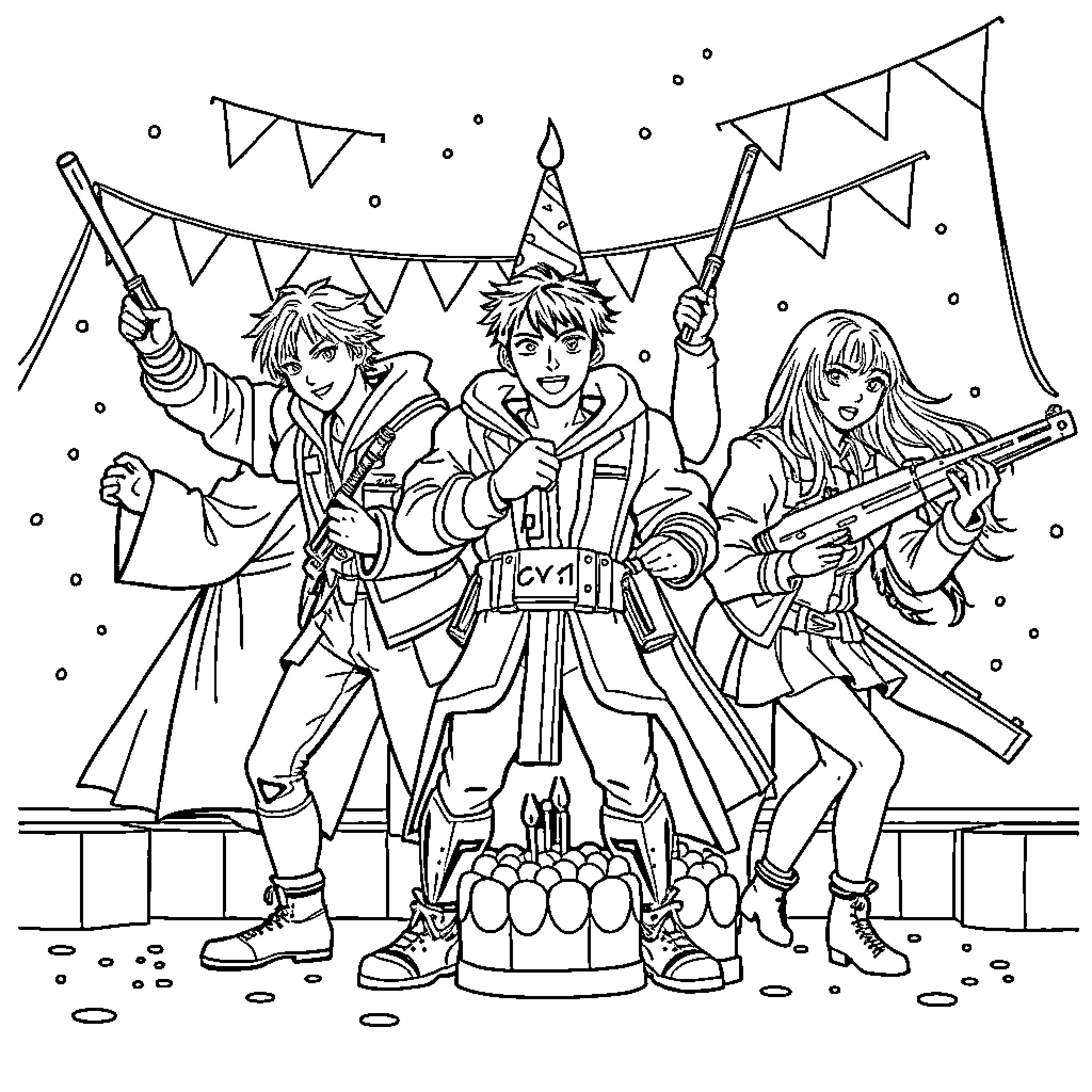 K-pop Birthday Celebration with Friends Coloring Page (free black-and-white line drawing printable PDF for all, from beginners to advanced learners, including children, teens, adults, and seniors)
