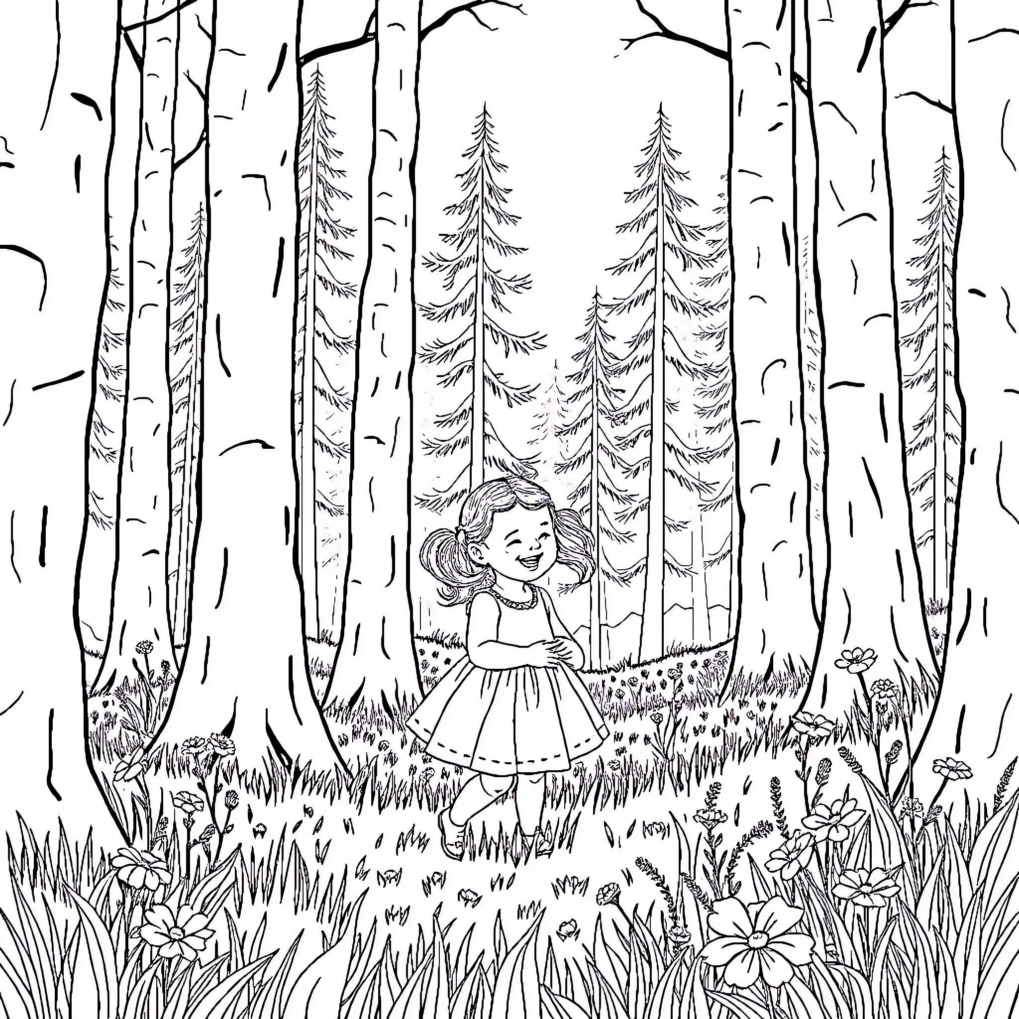 Girl exploring the enchanting forest Coloring Page (free black-and-white line drawing printable PDF for all, from beginners to advanced learners, including children, teens, adults, and seniors)