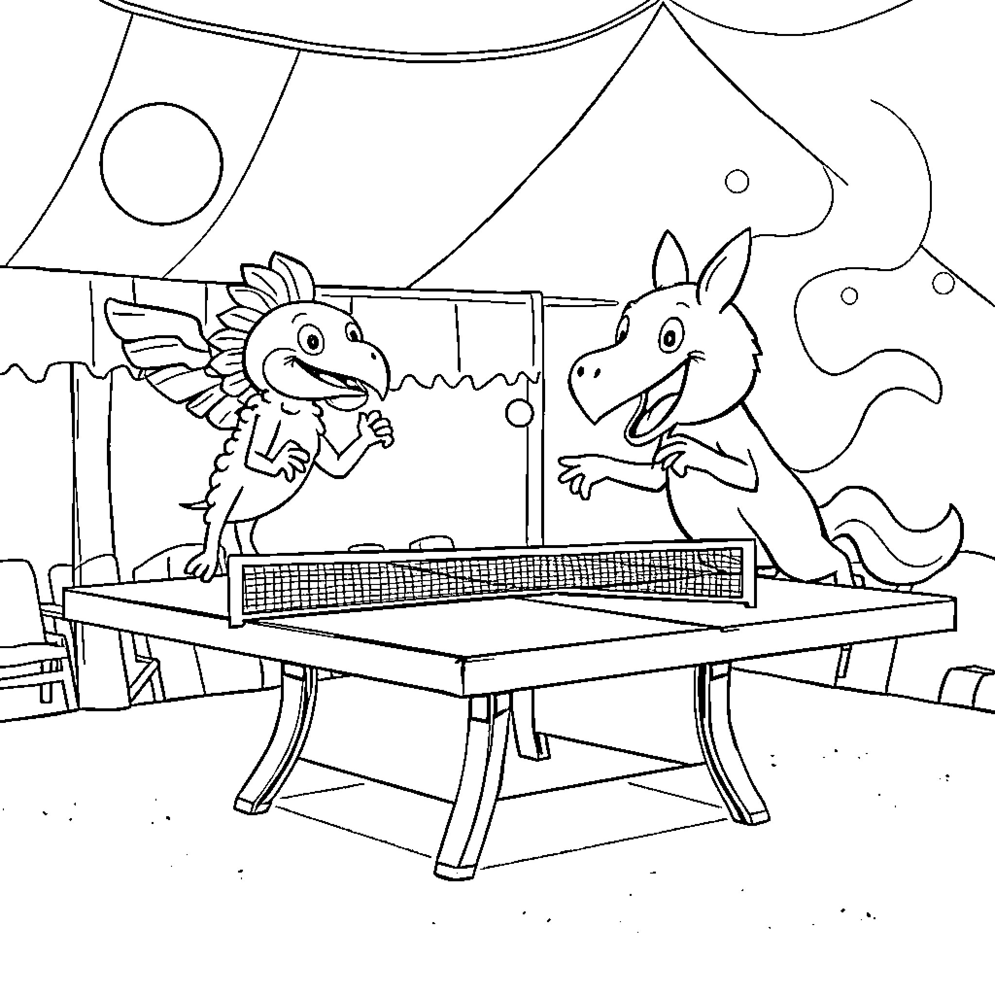 Frog friends playing ping pong in the tent Coloring Page (free black-and-white line drawing printable PDF for all, from beginners to advanced learners, including children, teens, adults, and seniors)