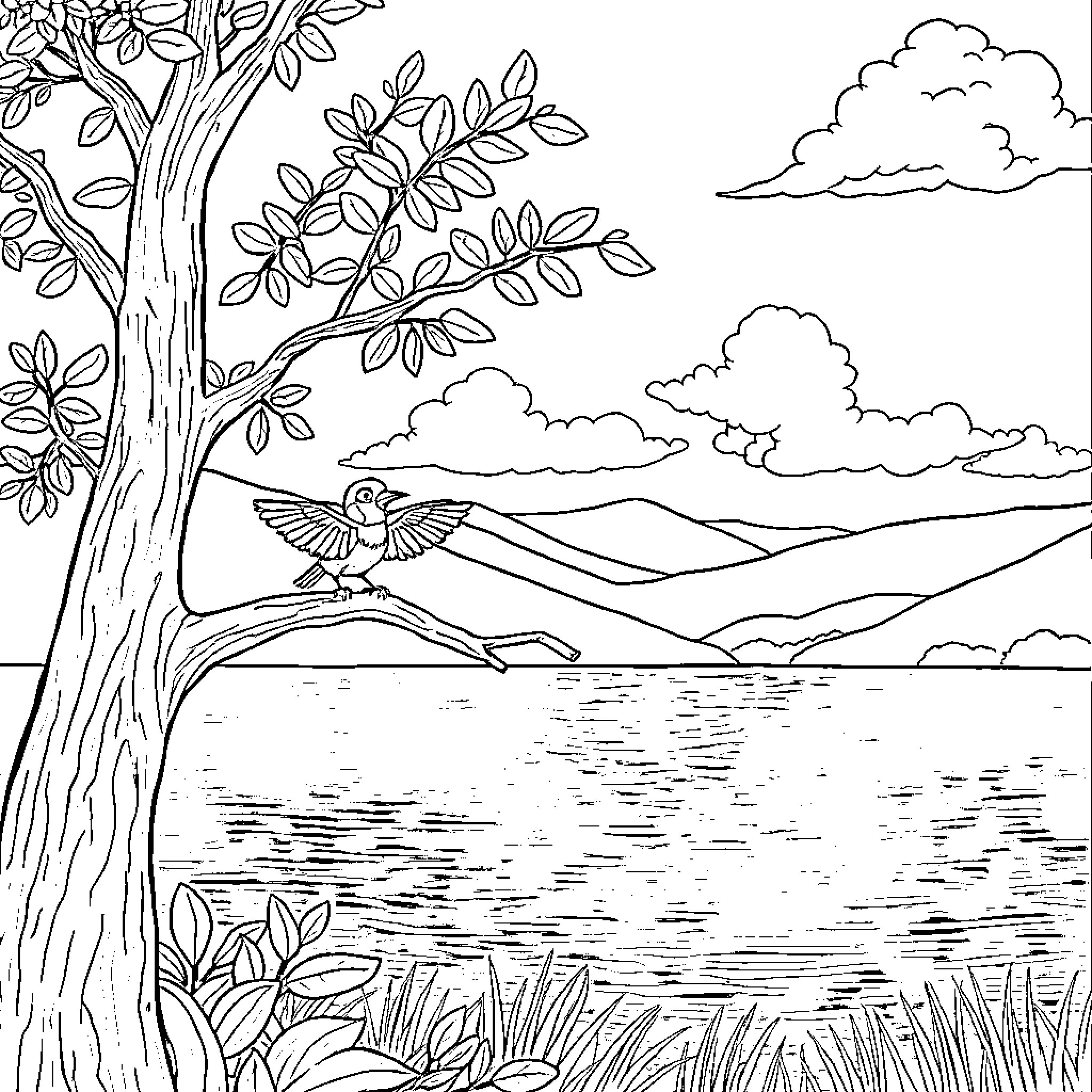 Bird soaring gracefully over the serene lake Coloring Page (free black-and-white line drawing printable PDF for all, from beginners to advanced learners, including children, teens, adults, and seniors)
