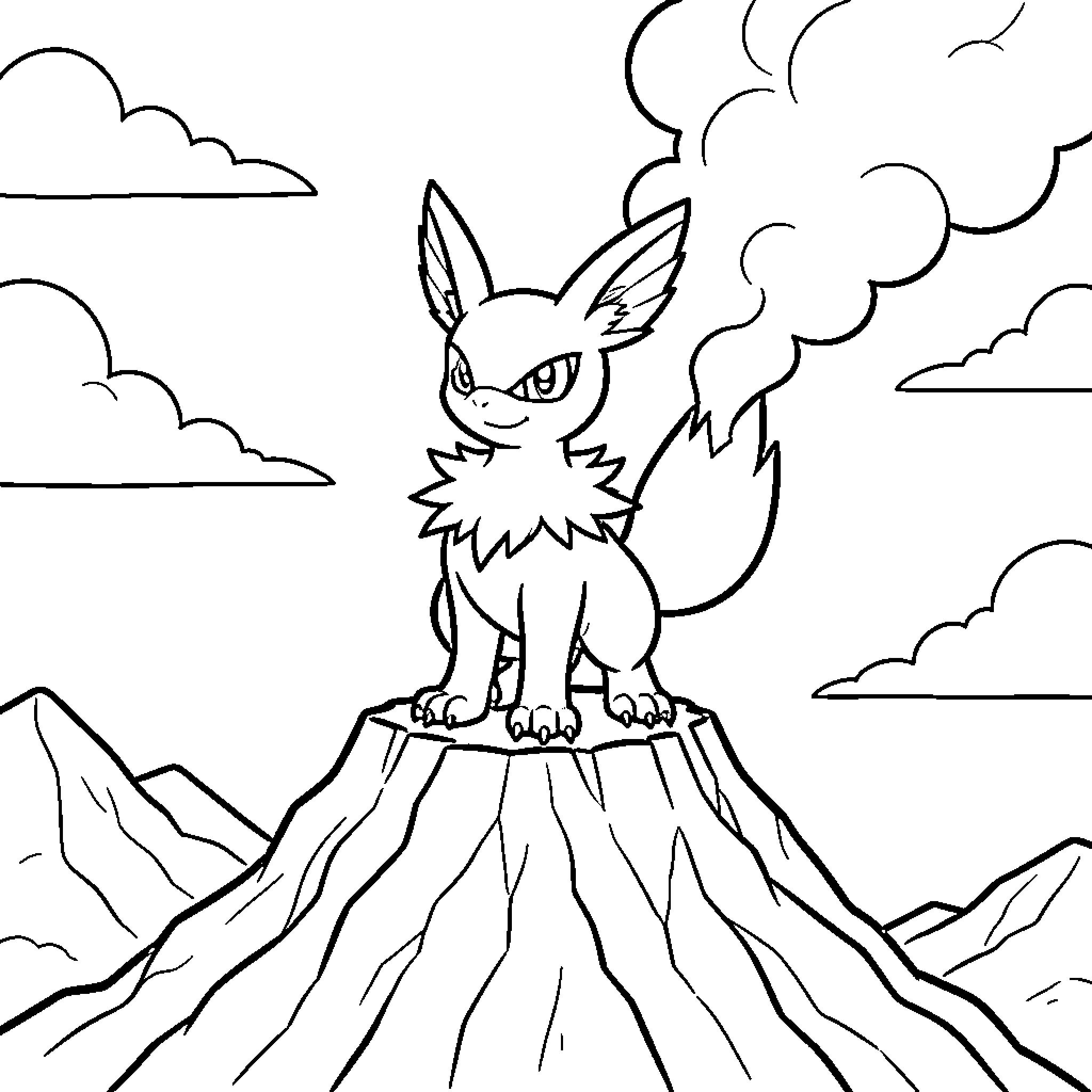 Dracaufeu standing proudly atop a smoking volcano Coloring Page (free black-and-white line drawing printable PDF for all, from beginners to advanced learners, including children, teens, adults, and seniors)