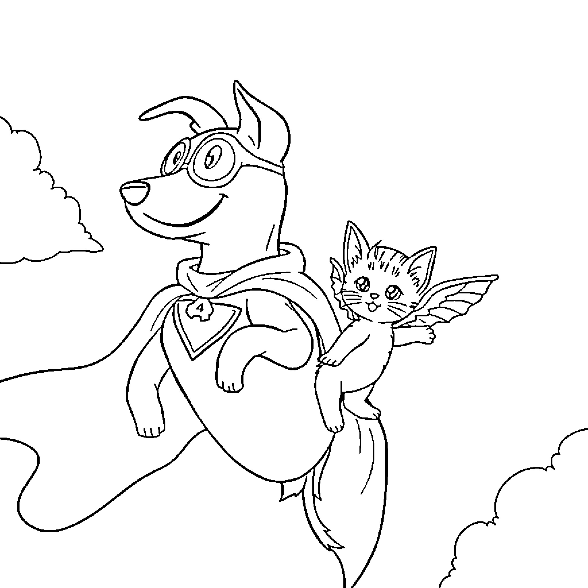 Superhero Dog Rescues Playful Kitten Coloring Page (free black-and-white line drawing printable PDF for all, from beginners to advanced learners, including children, teens, adults, and seniors)