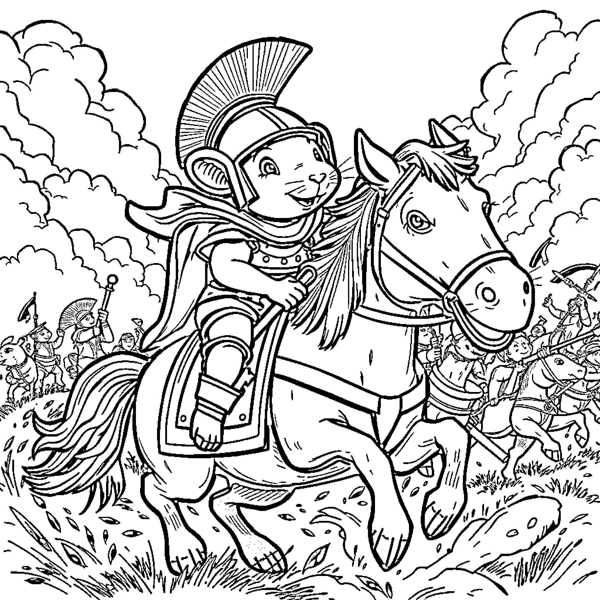 Rat knight on horseback leading army into battle Coloring Page (free black-and-white line drawing printable PDF for all, from beginners to advanced learners, including children, teens, adults, and seniors)