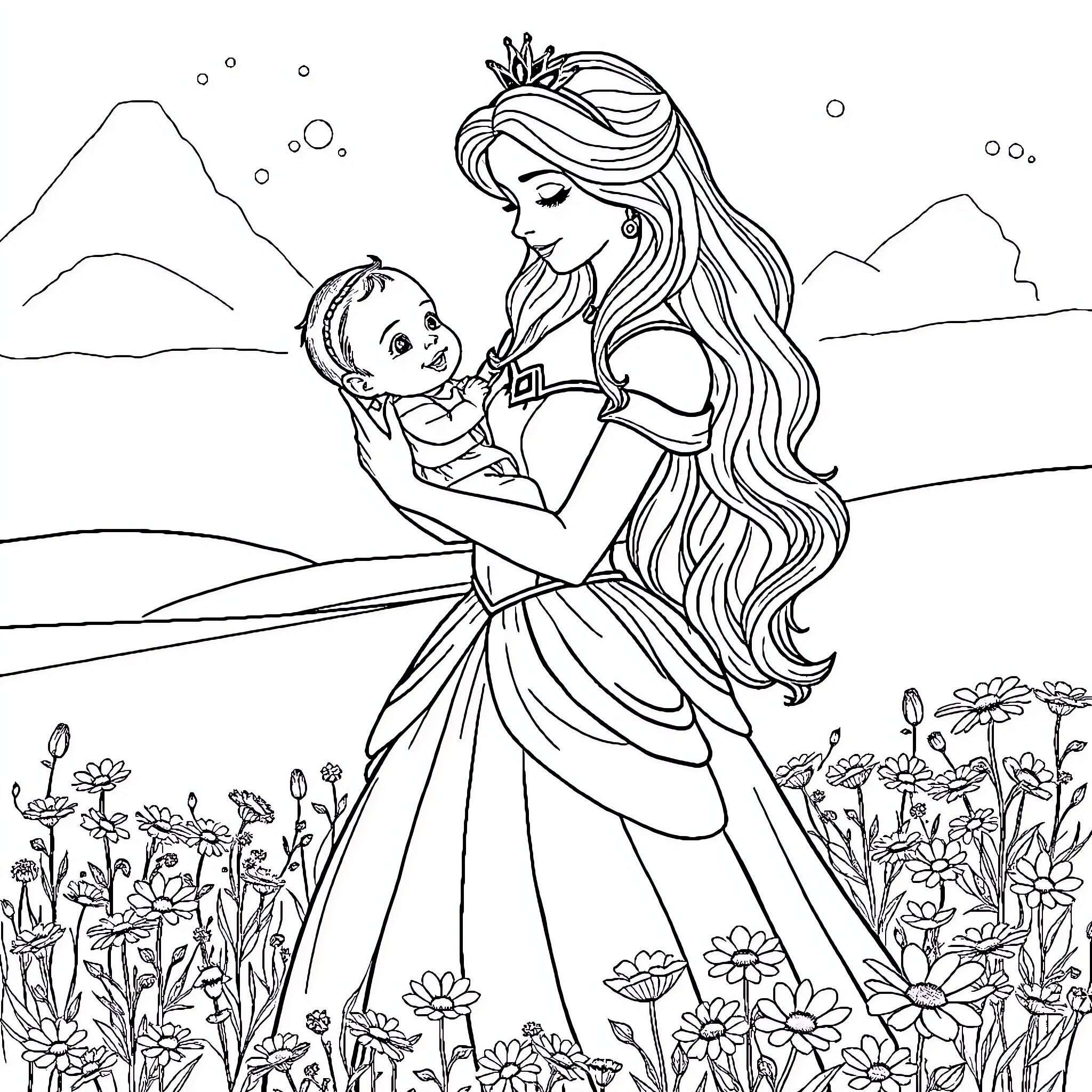 Princess Embracing a Child in a Flower-Filled Landscape Coloring Page (free black-and-white line drawing printable PDF for all, from beginners to advanced learners, including children, teens, adults, and seniors)