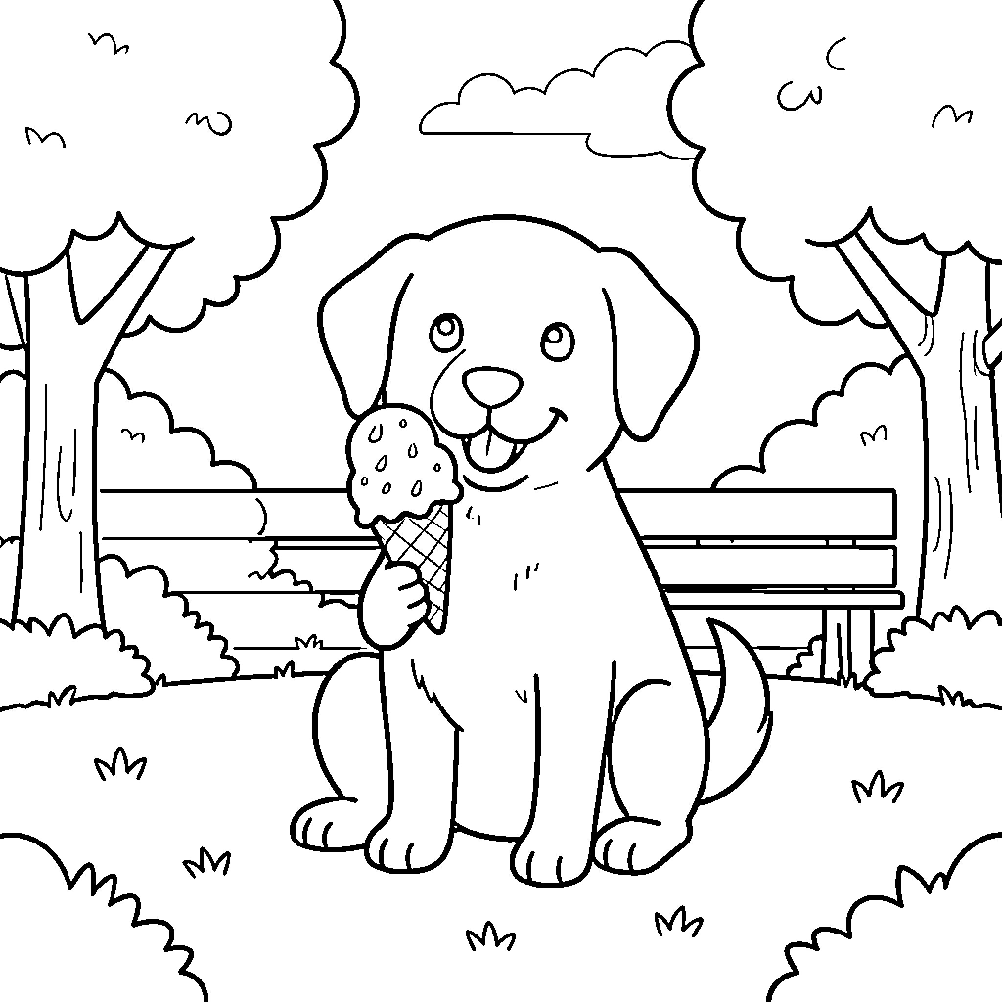 Dog enjoying an ice cream cone in the park Coloring Page (free black-and-white line drawing printable PDF for all, from beginners to advanced learners, including children, teens, adults, and seniors)