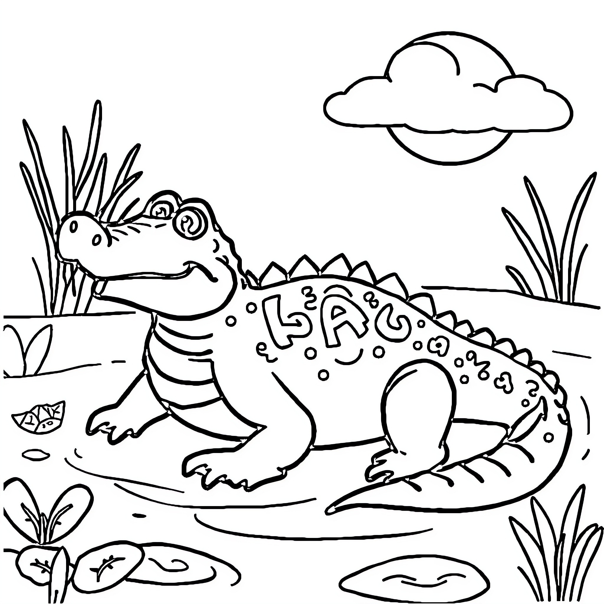 Alligator relaxing in the swamp Coloring Page (free black-and-white line drawing printable PDF for all, from beginners to advanced learners, including children, teens, adults, and seniors)