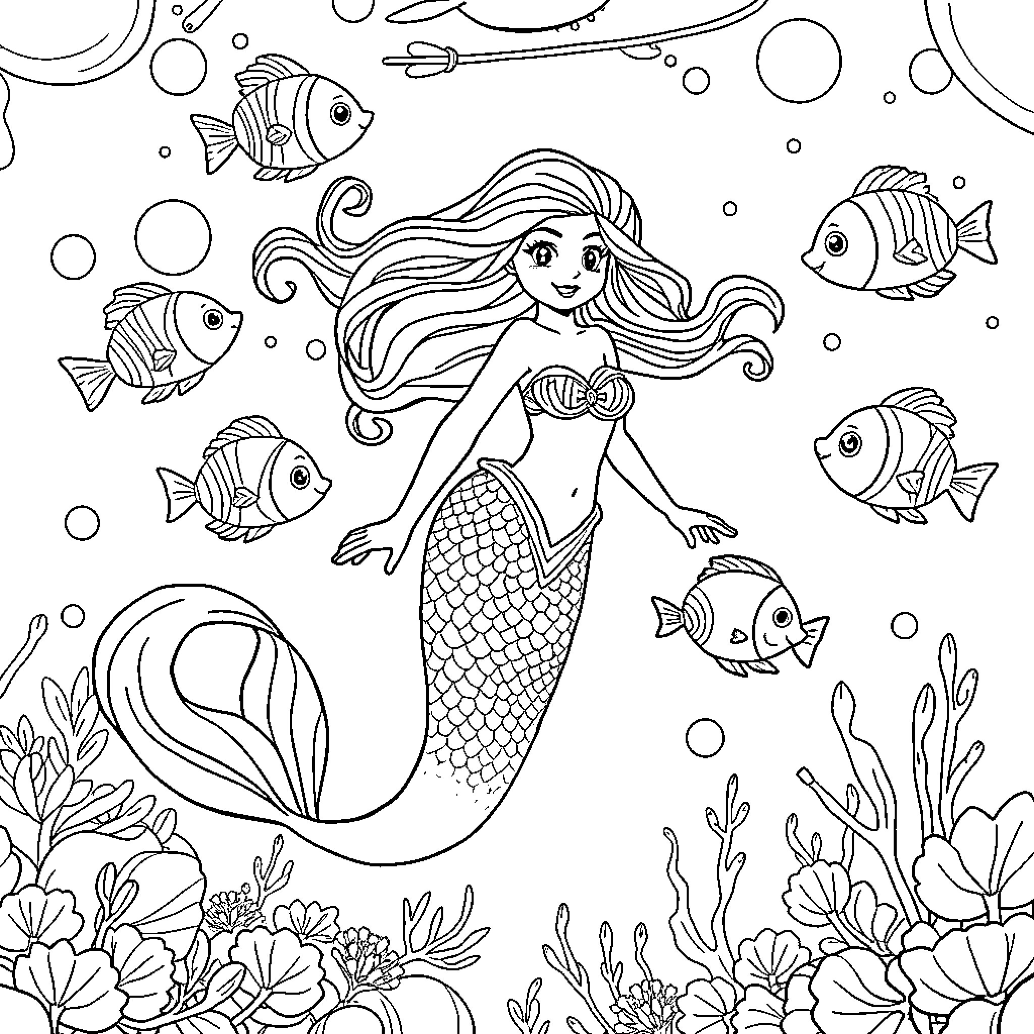 Mermaid swimming among colorful marine life Coloring Page (free black-and-white line drawing printable PDF for all, from beginners to advanced learners, including children, teens, adults, and seniors)