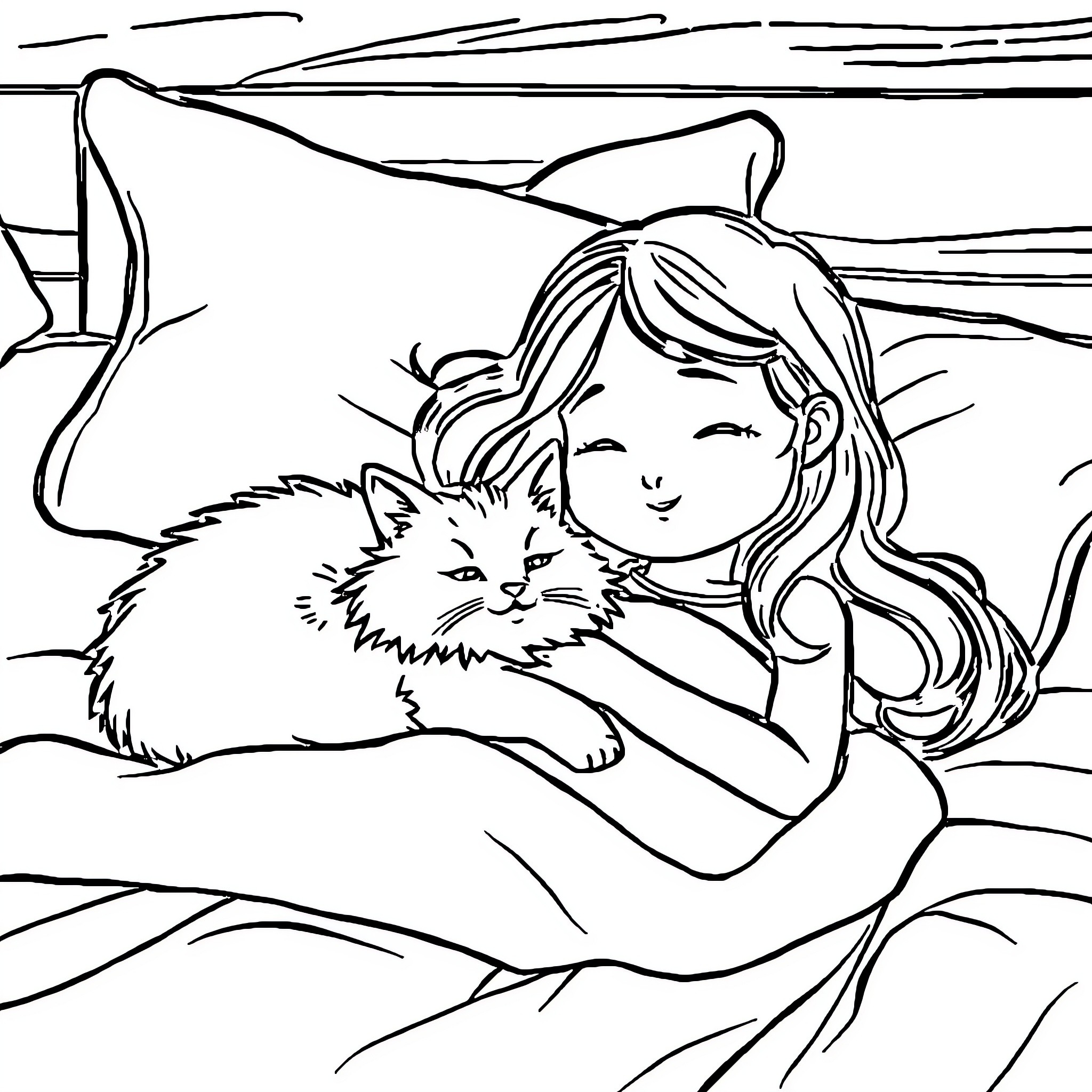 Cat snuggling with girl on bed Coloring Page (free black-and-white line drawing printable PDF for all, from beginners to advanced learners, including children, teens, adults, and seniors)
