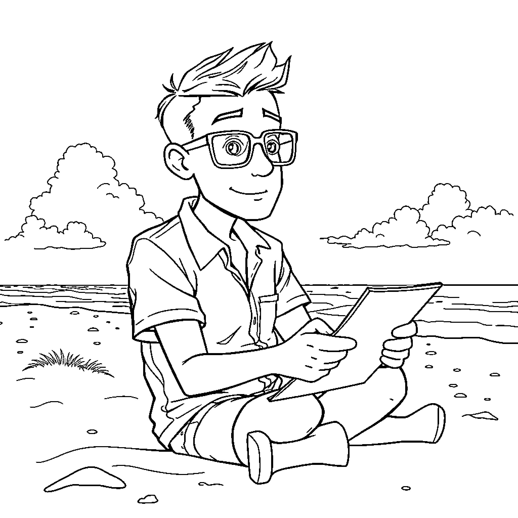 Accountant relaxing with laptop on the beach Coloring Page (free black-and-white line drawing printable PDF for all, from beginners to advanced learners, including children, teens, adults, and seniors)