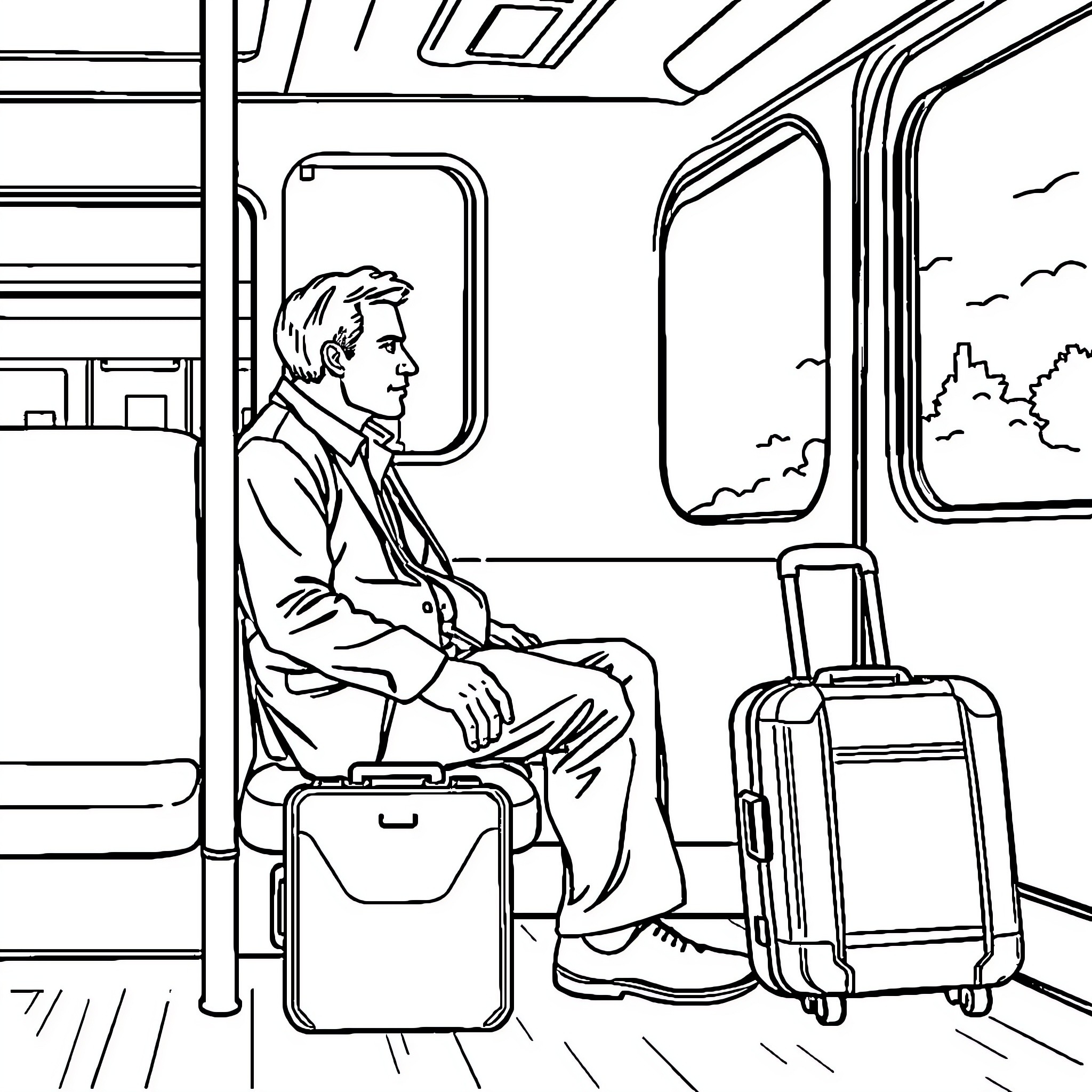 Man traveling alone on public transport Coloring Page (free black-and-white line drawing printable PDF for all, from beginners to advanced learners, including children, teens, adults, and seniors)