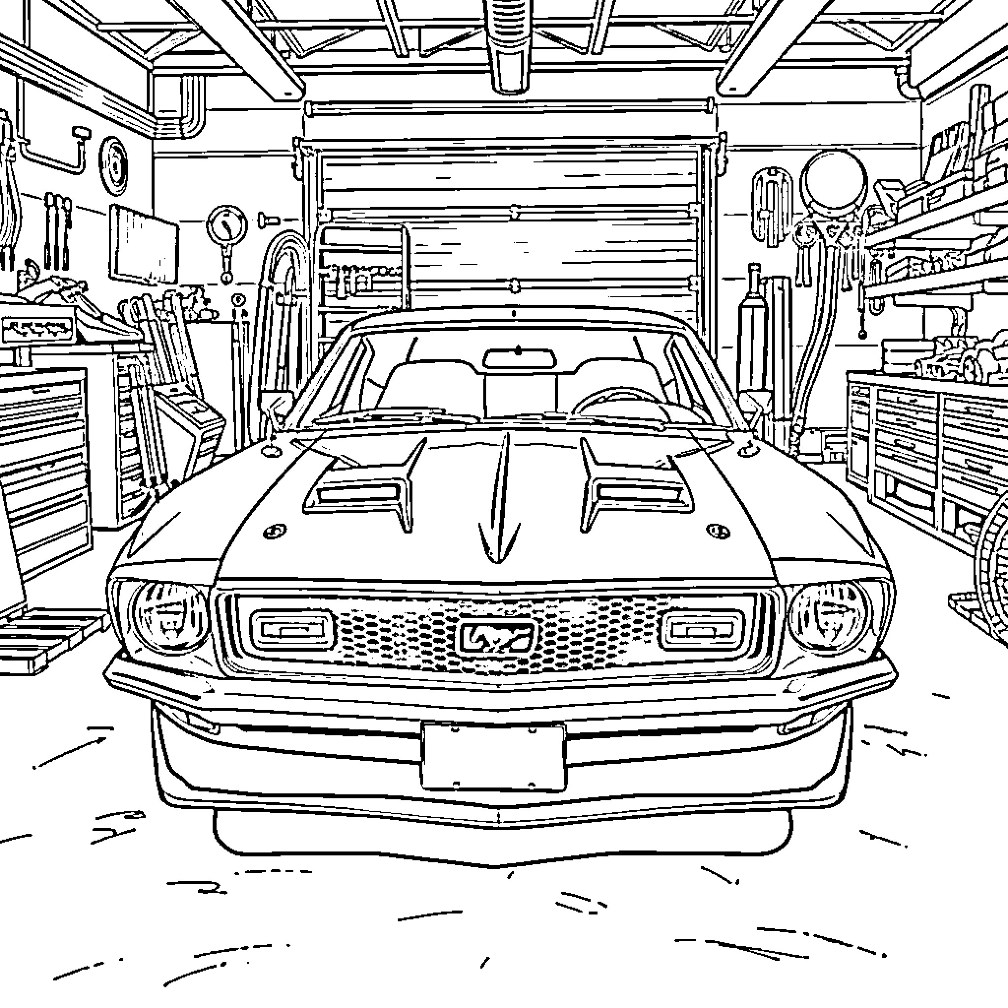 Mustang auto shop restoration scene Coloring Page (free black-and-white line drawing printable PDF for all, from beginners to advanced learners, including children, teens, adults, and seniors)