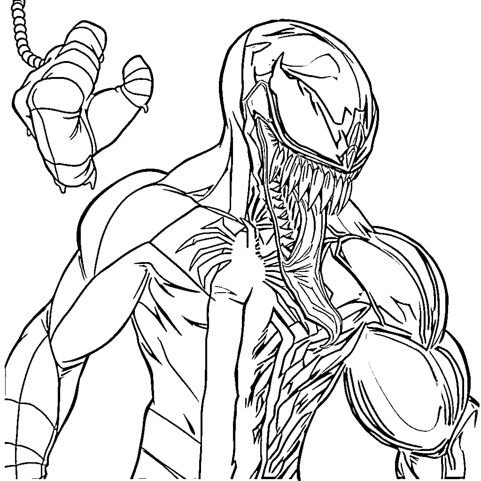 Spider-Man battling a fearsome villain Coloring Page (free black-and-white line drawing printable PDF for all, from beginners to advanced learners, including children, teens, adults, and seniors)