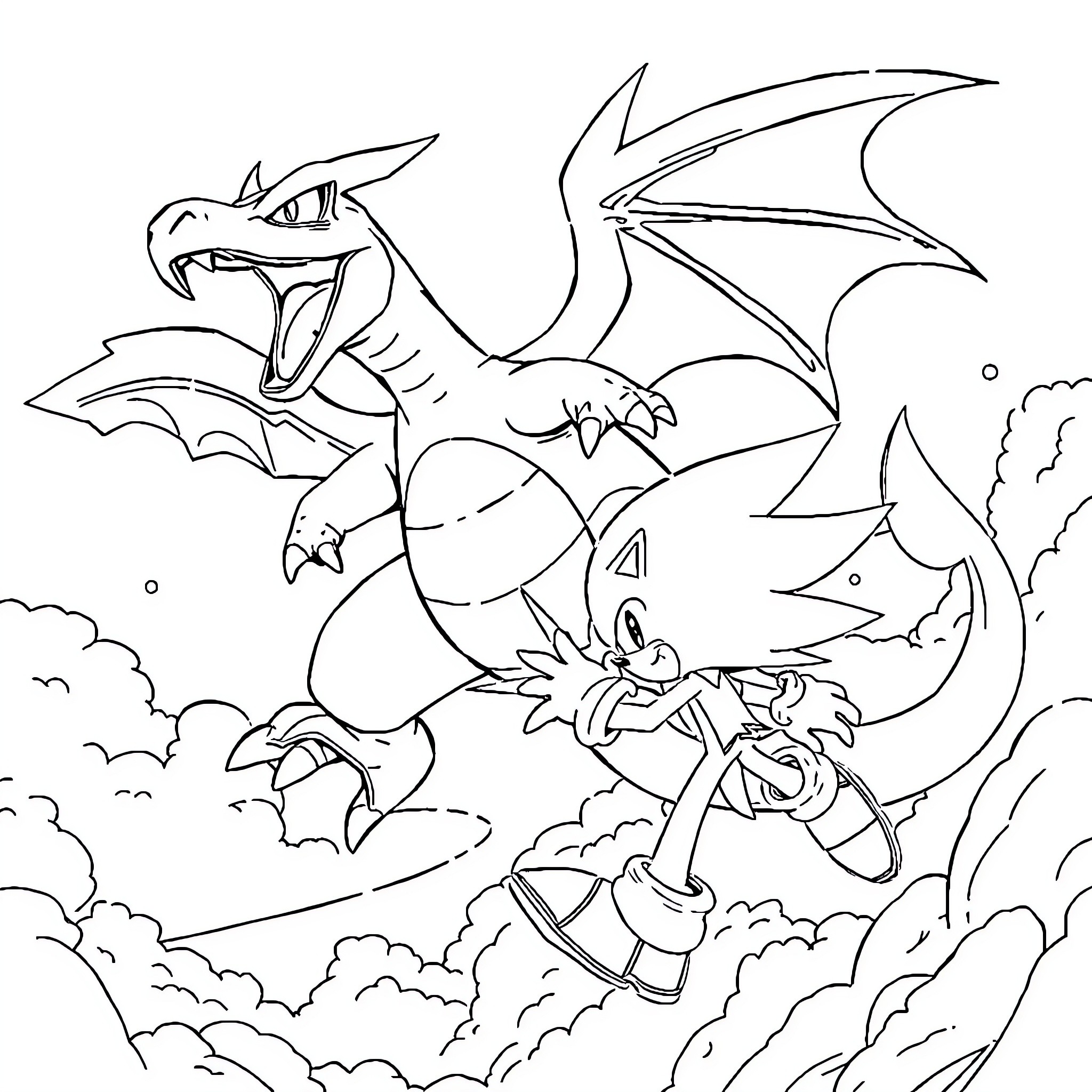 Charizard taking flight with its trainer Coloring Page (free black-and-white line drawing printable PDF for all, from beginners to advanced learners, including children, teens, adults, and seniors)