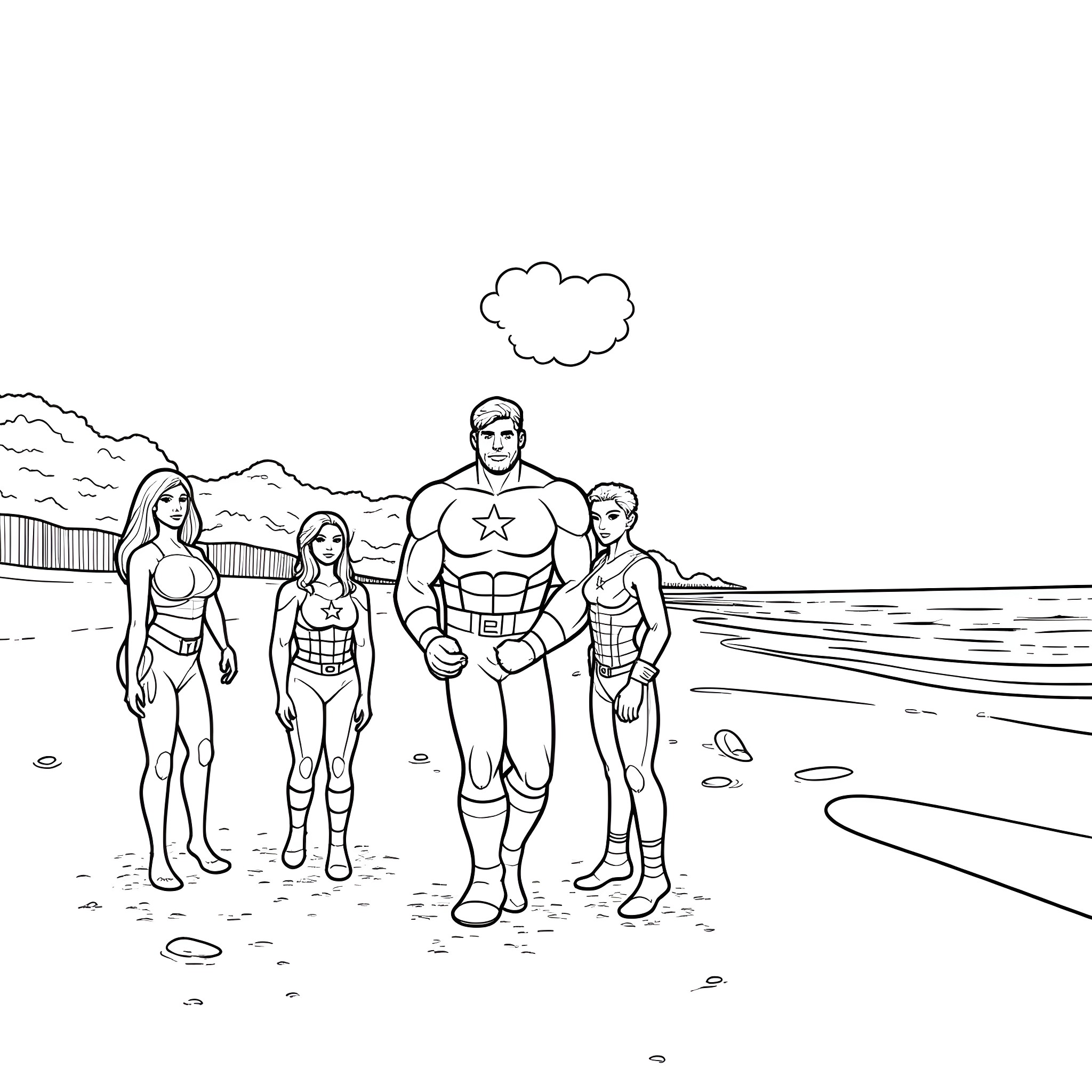 Avengers on the Beach Coloring Page (free black-and-white line drawing printable PDF for all, from beginners to advanced learners, including children, teens, adults, and seniors)