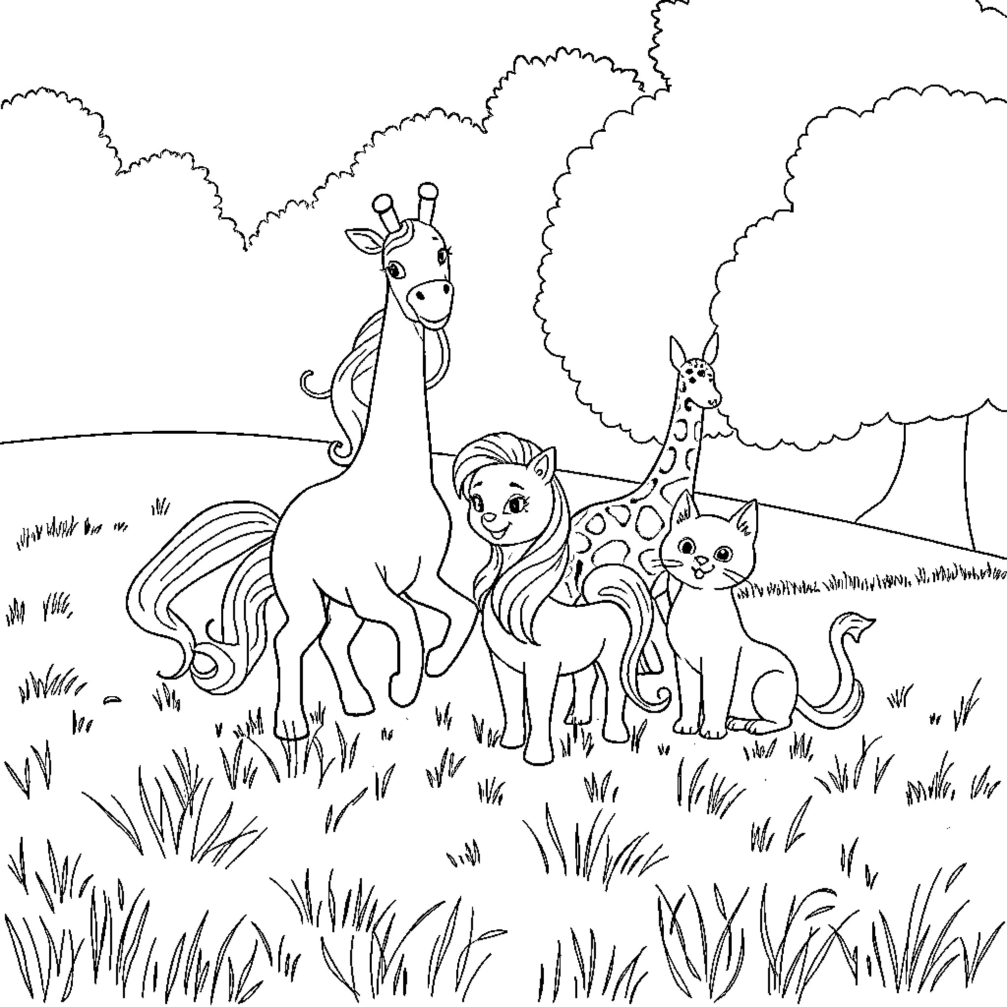 Teddy Bear animals playing in the meadow Coloring Page (free black-and-white line drawing printable PDF for all, from beginners to advanced learners, including children, teens, adults, and seniors)