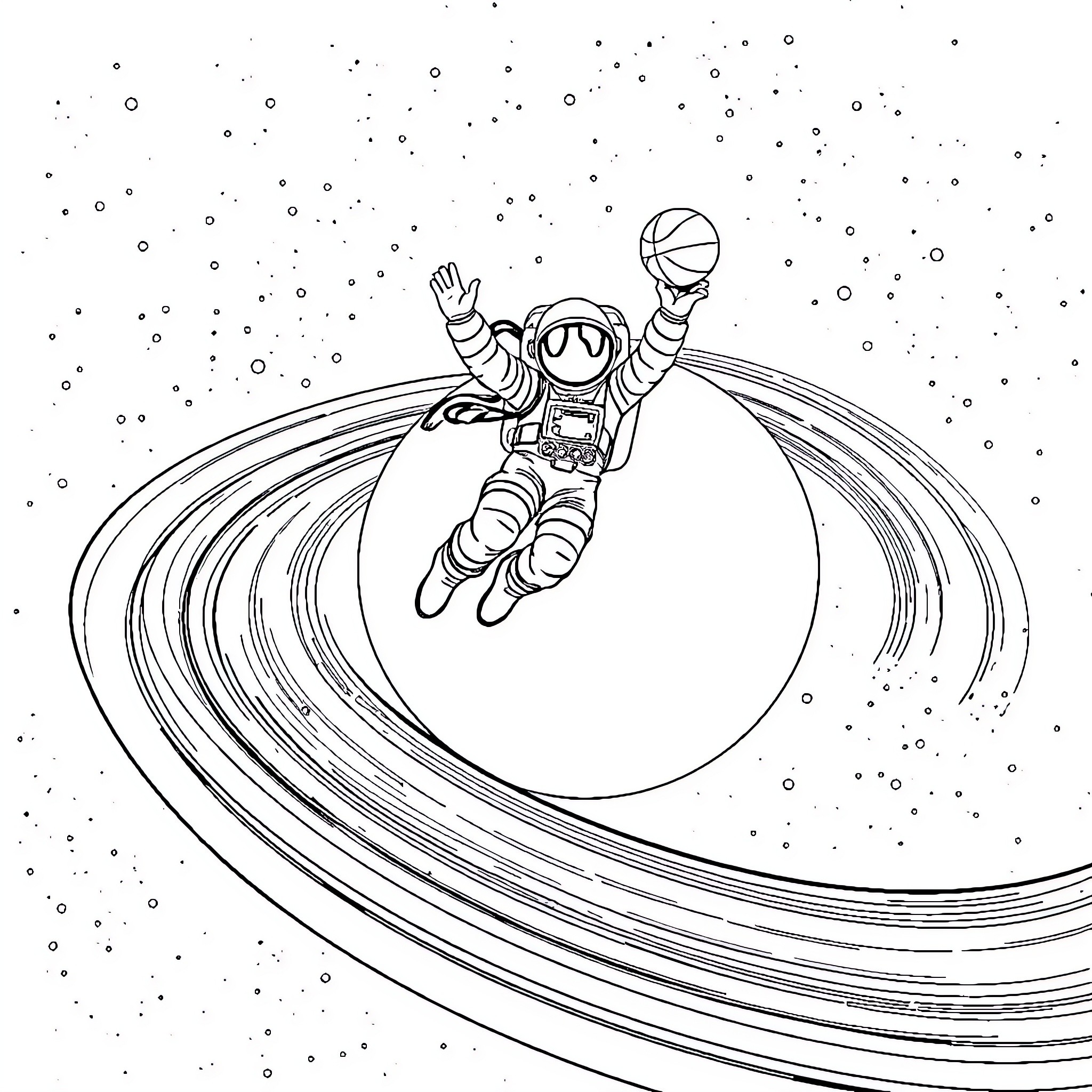 Astronaut floating in the starry galaxy Coloring Page (free black-and-white line drawing printable PDF for all, from beginners to advanced learners, including children, teens, adults, and seniors)