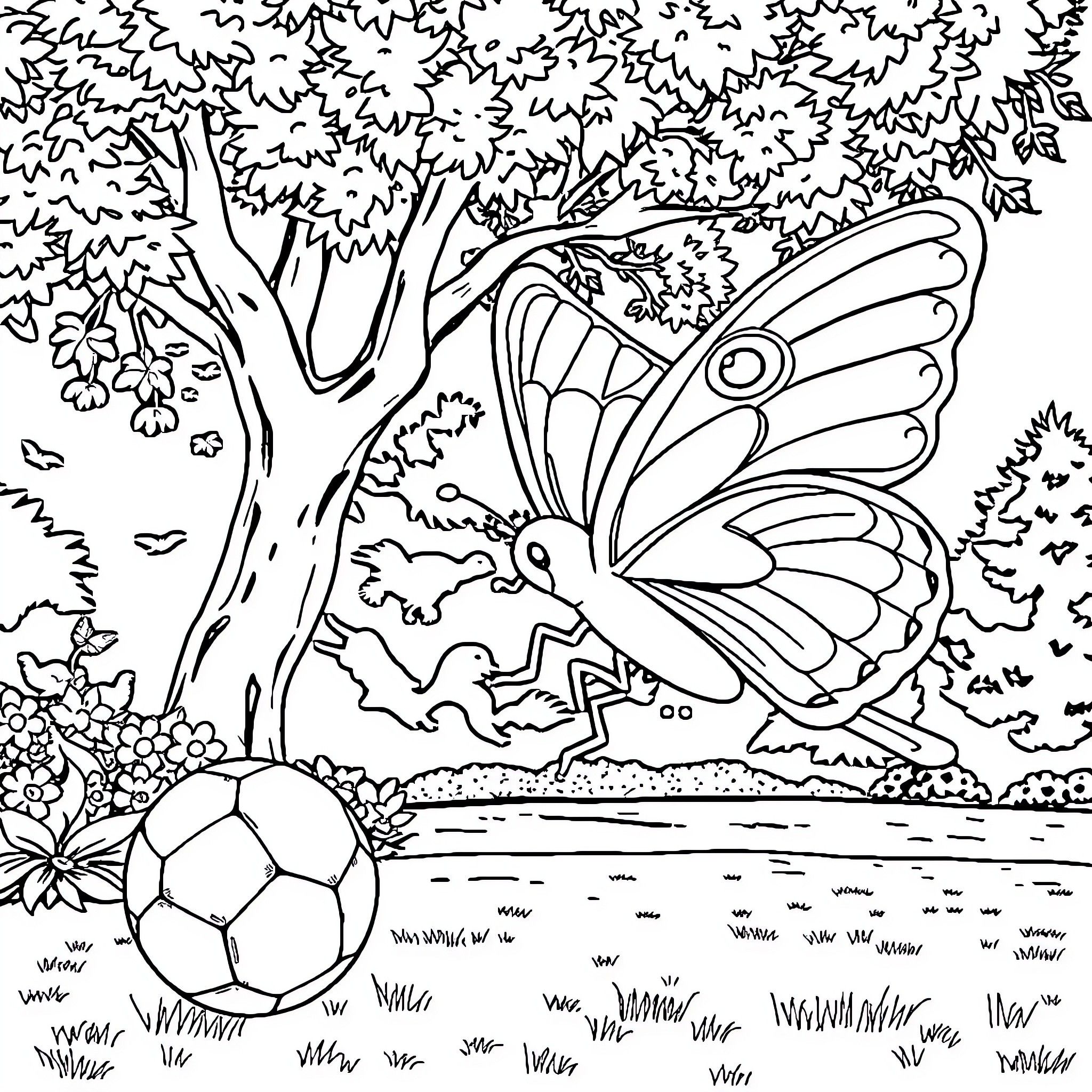 Papillon: Butterfly in the park with soccer ball Coloring Page (free black-and-white line drawing printable PDF for all, from beginners to advanced learners, including children, teens, adults, and seniors)