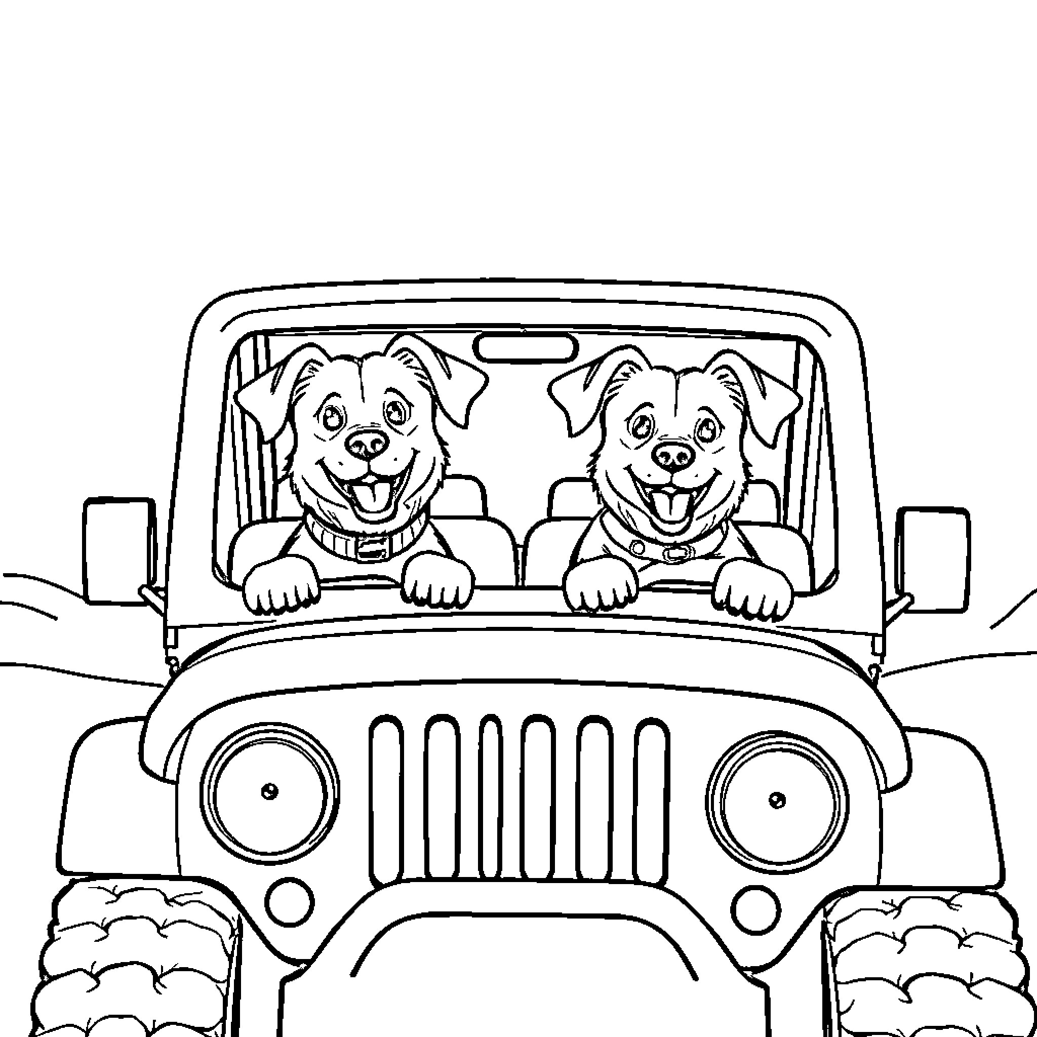 Dog friends enjoying a road trip in a jeep Coloring Page (free black-and-white line drawing printable PDF for all, from beginners to advanced learners, including children, teens, adults, and seniors)
