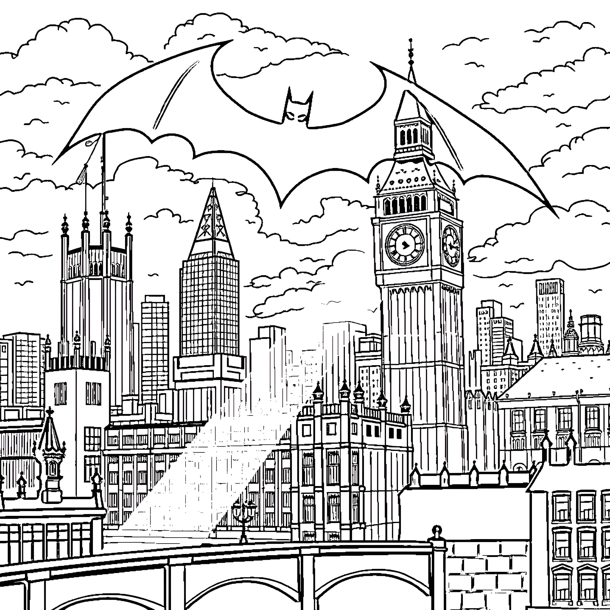 Bat Signal over the Cityscape Coloring Page (free black-and-white line drawing printable PDF for all, from beginners to advanced learners, including children, teens, adults, and seniors)