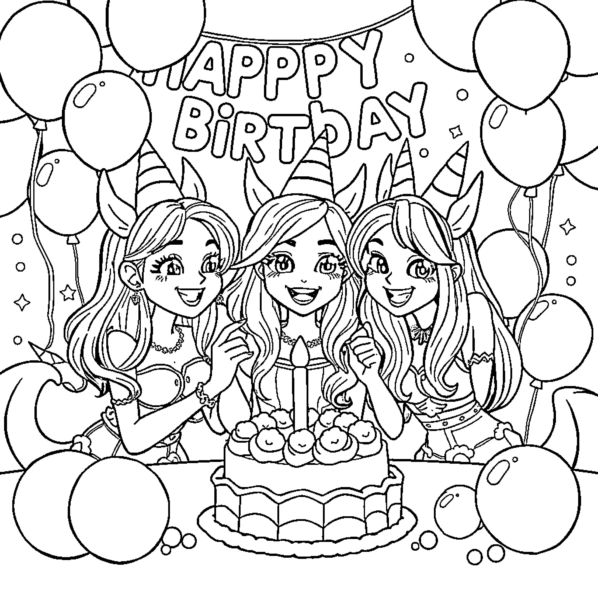 Demon girls celebrate happy birthday with cake and balloons Coloring Page (free black-and-white line drawing printable PDF for all, from beginners to advanced learners, including children, teens, adults, and seniors)