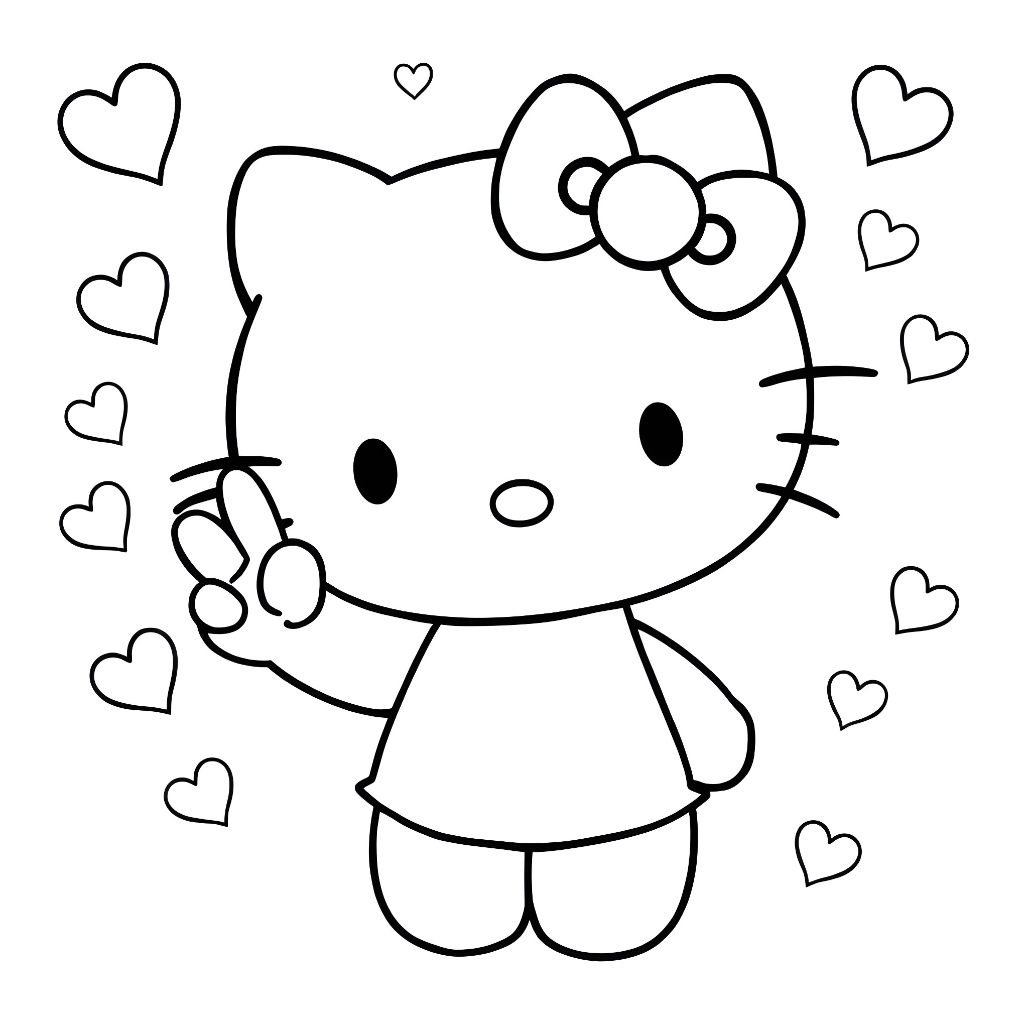 Hello Kitty surrounded by hearts Coloring Page (free black-and-white line drawing printable PDF for all, from beginners to advanced learners, including children, teens, adults, and seniors)