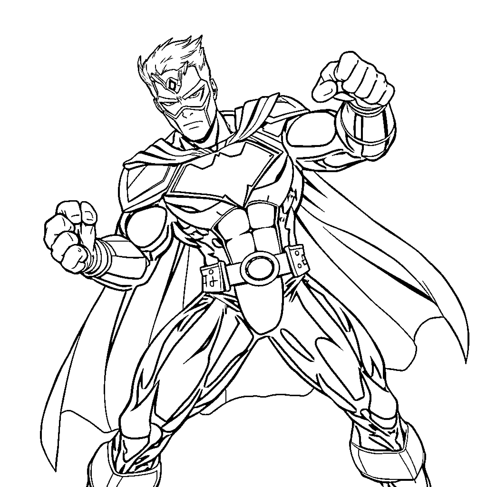 Superhero in Heroic Stance with Fist Raised Coloring Page (free black-and-white line drawing printable PDF for all, from beginners to advanced learners, including children, teens, adults, and seniors)