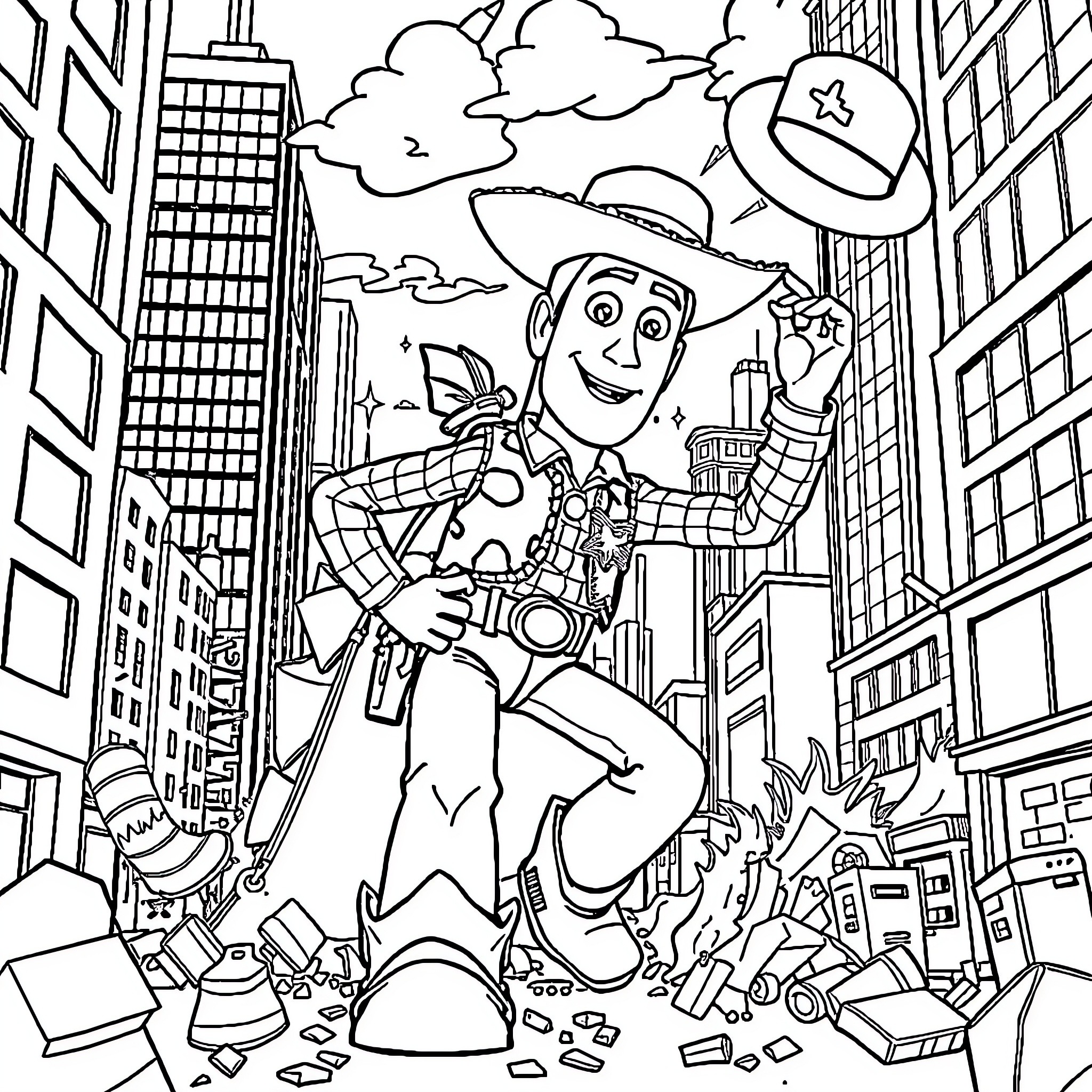 Woody's Exciting Adventure in the City Coloring Page (free black-and-white line drawing printable PDF for all, from beginners to advanced learners, including children, teens, adults, and seniors)
