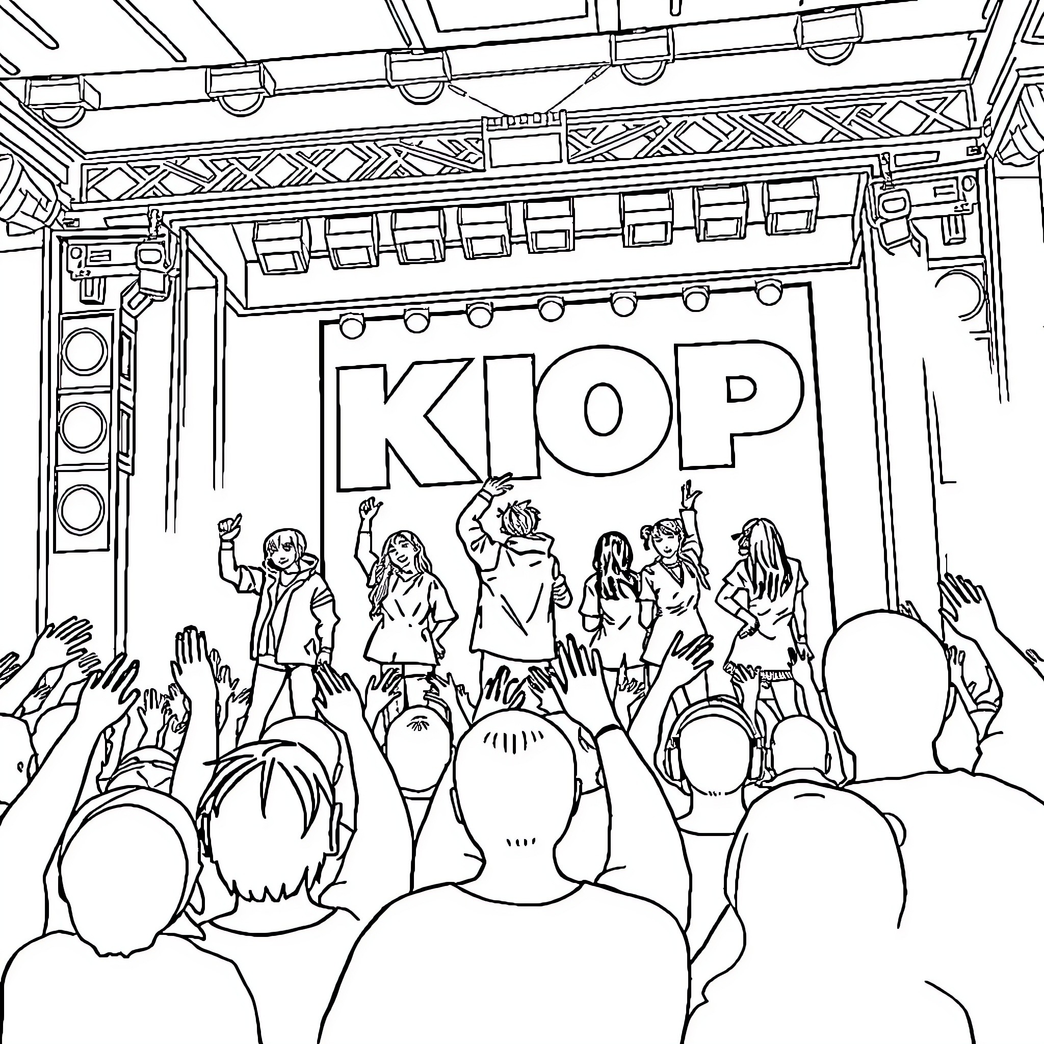 Kpop Group performing on stage with energetic fans Coloring Page (free black-and-white line drawing printable PDF for all, from beginners to advanced learners, including children, teens, adults, and seniors)