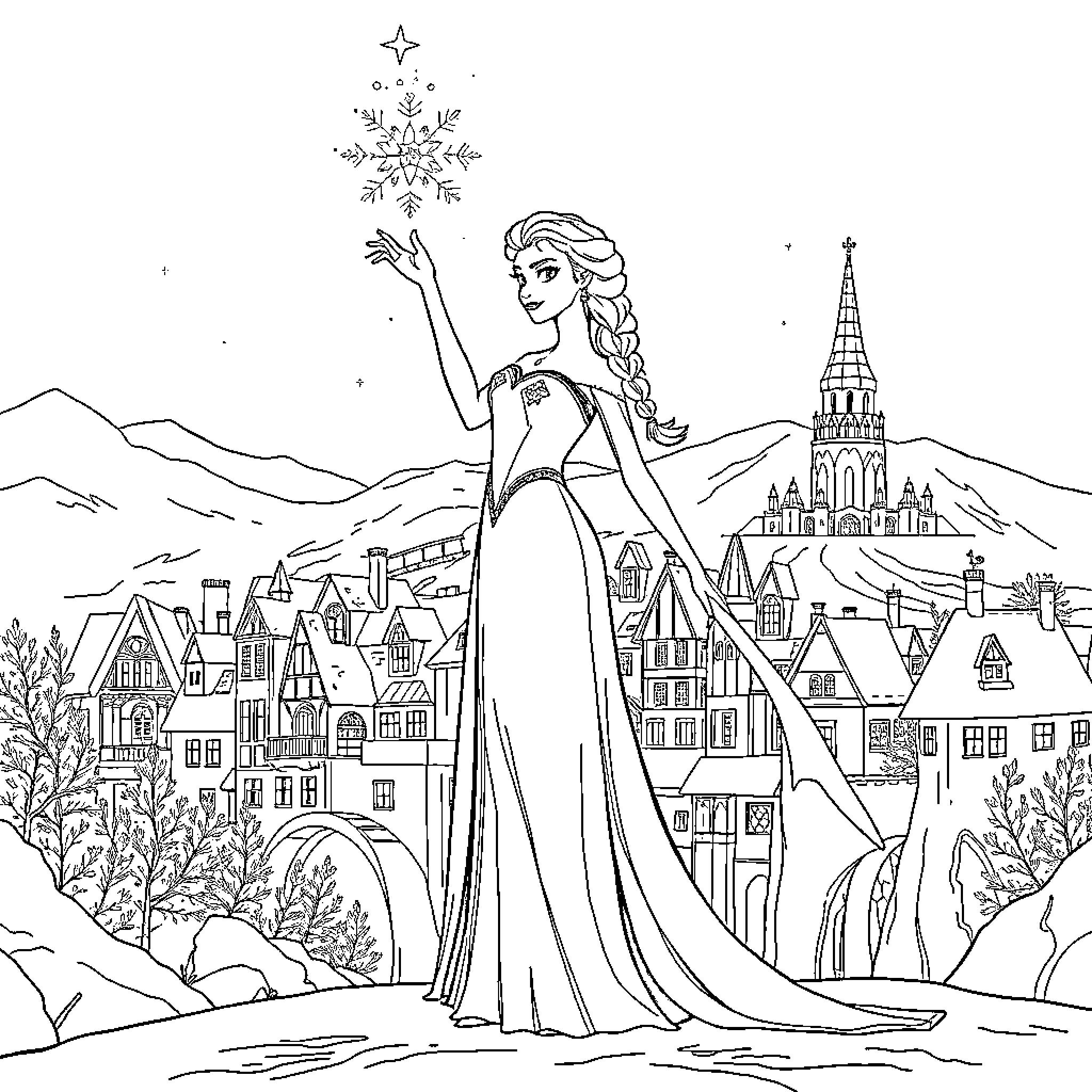 Elsa gazing over a winter wonderland landscape Coloring Page (free black-and-white line drawing printable PDF for all, from beginners to advanced learners, including children, teens, adults, and seniors)