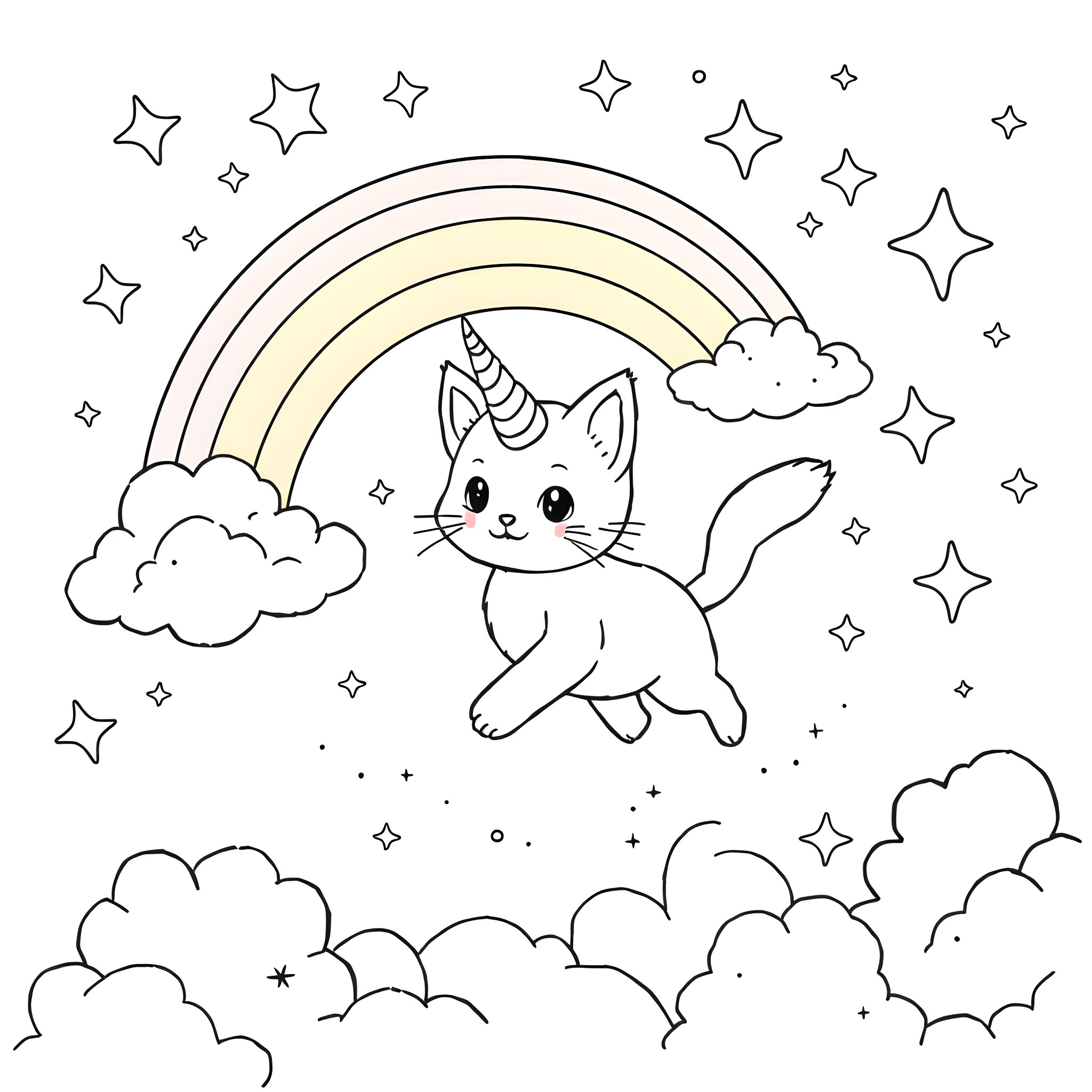 Unicorn cat playing among the stars and rainbows Coloring Page (free black-and-white line drawing printable PDF for all, from beginners to advanced learners, including children, teens, adults, and seniors)