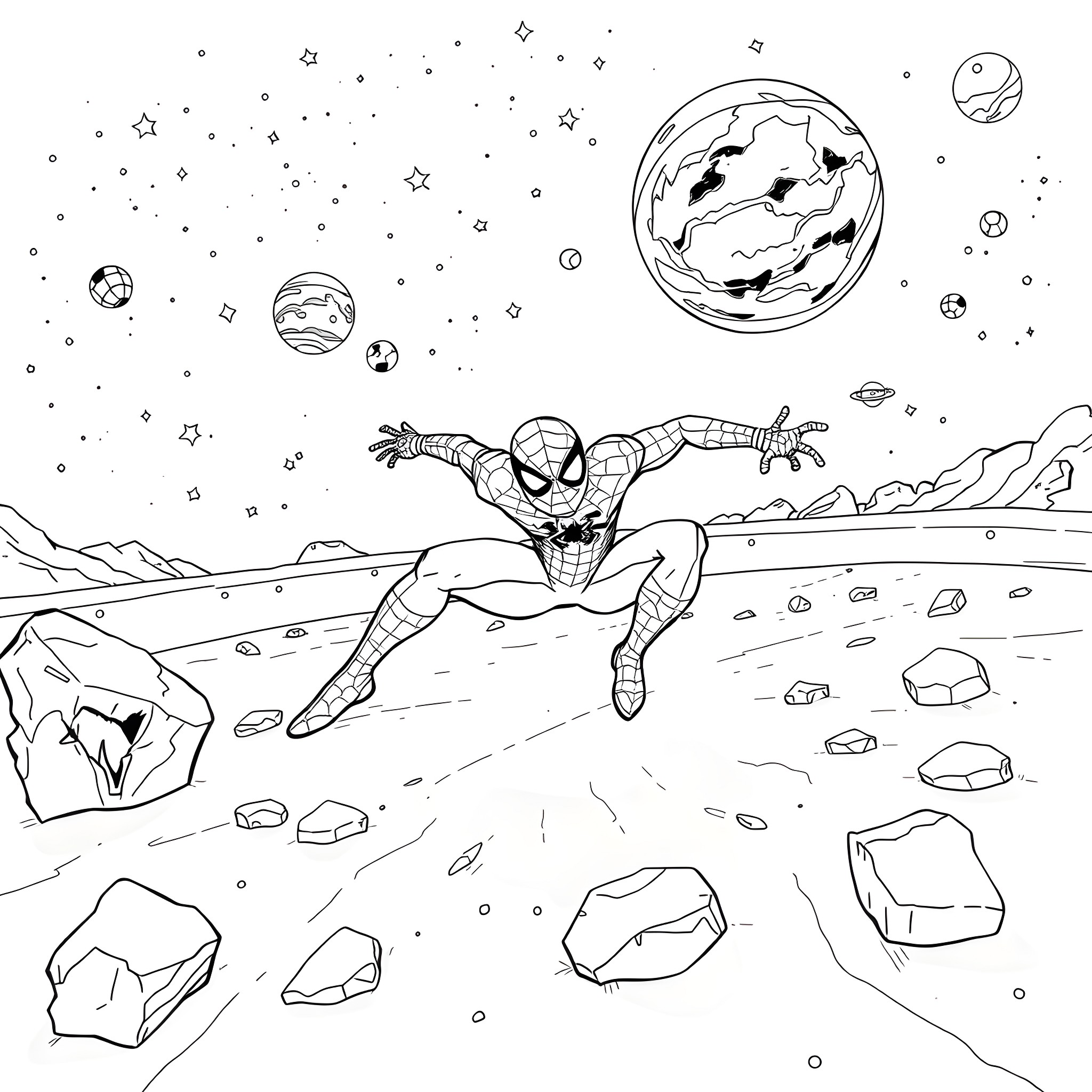 Spiderman swinging through the cosmos Coloring Page (free black-and-white line drawing printable PDF for all, from beginners to advanced learners, including children, teens, adults, and seniors)