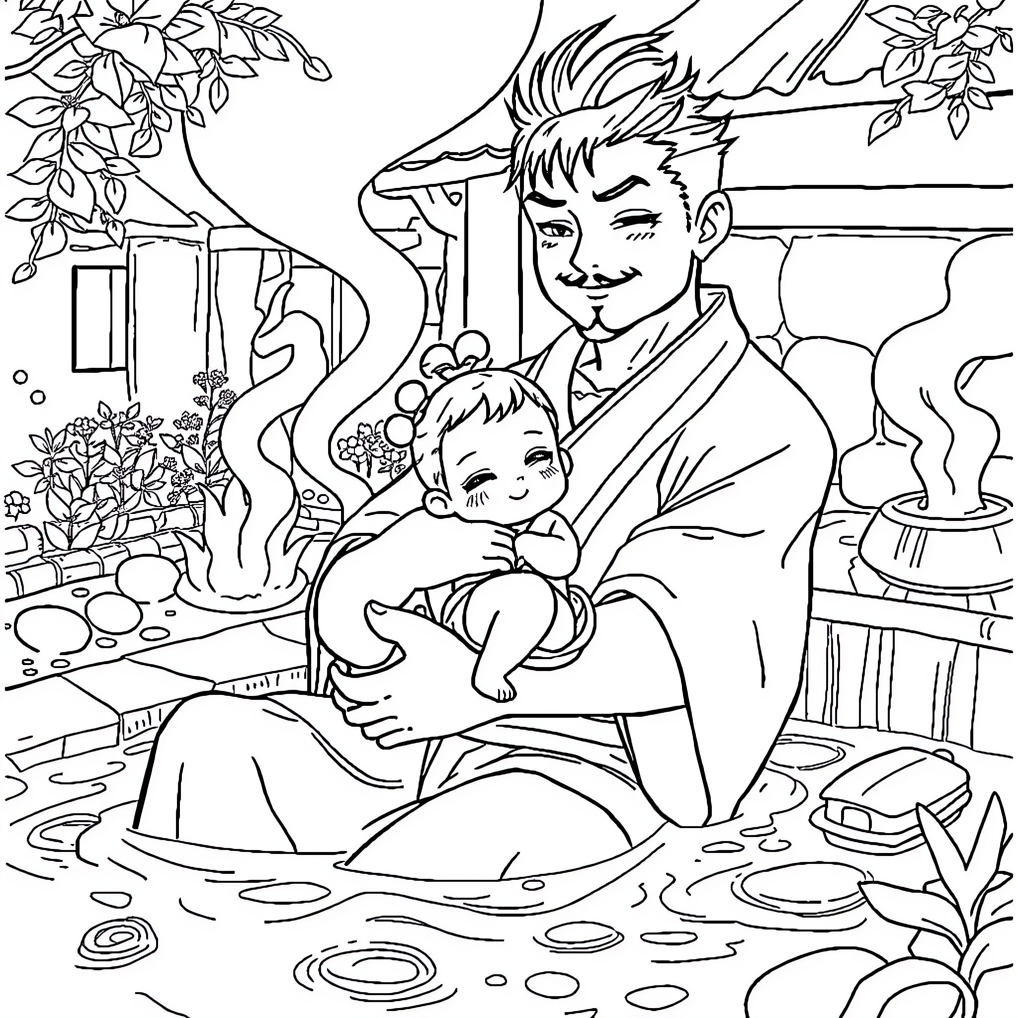Kamado Tanjiro caring for a child in a serene setting Coloring Page (free black-and-white line drawing printable PDF for all, from beginners to advanced learners, including children, teens, adults, and seniors)