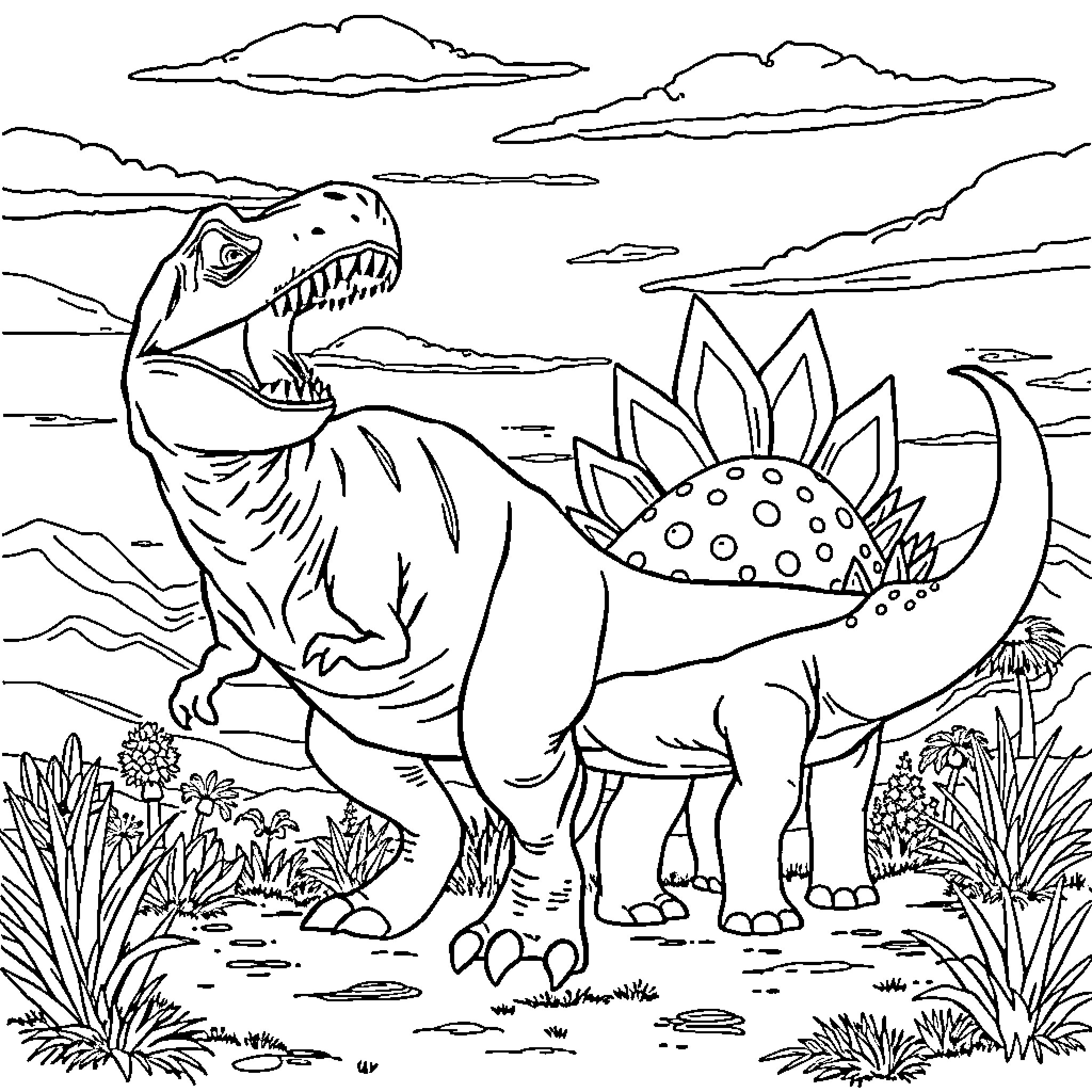 Dinosaur roaming in prehistoric landscape Coloring Page (free black-and-white line drawing printable PDF for all, from beginners to advanced learners, including children, teens, adults, and seniors)