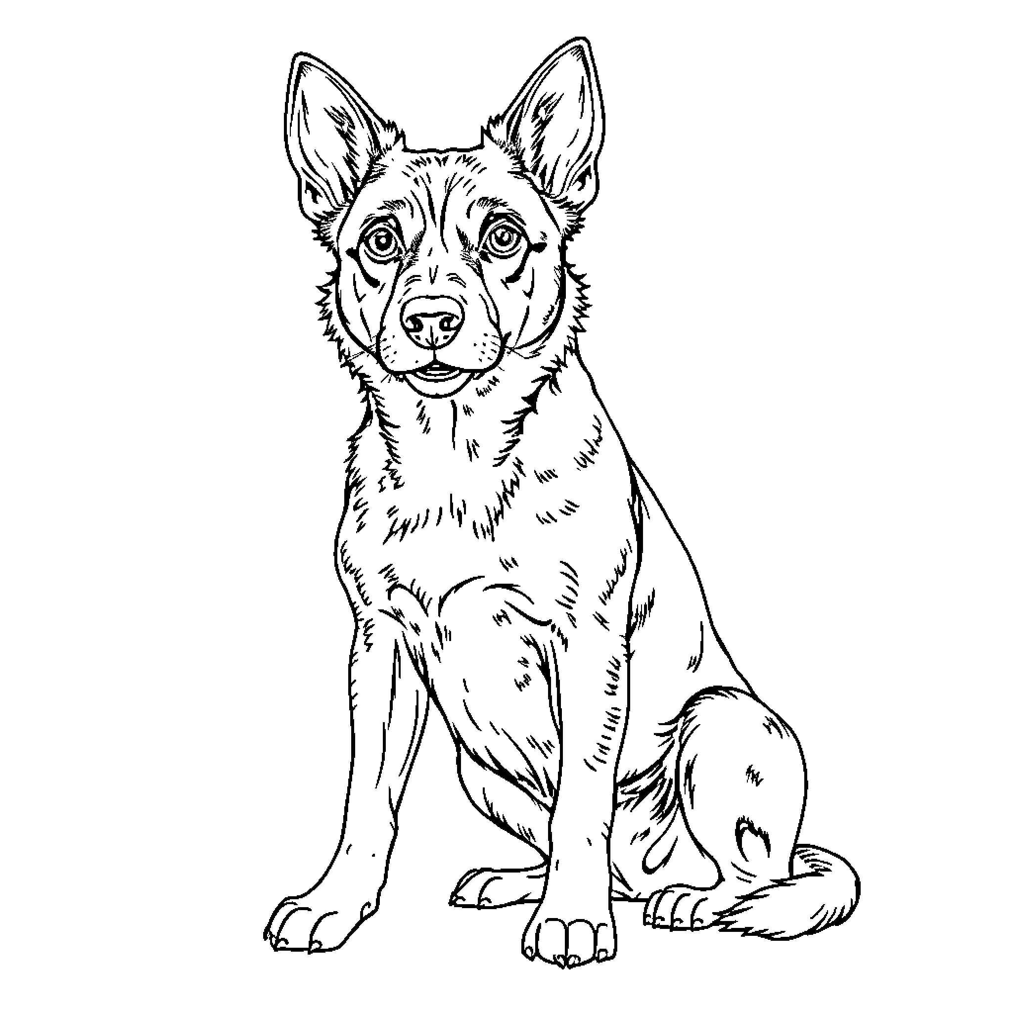 Australian Cattle Dog sitting attentively Coloring Page (free black-and-white line drawing printable PDF for all, from beginners to advanced learners, including children, teens, adults, and seniors)