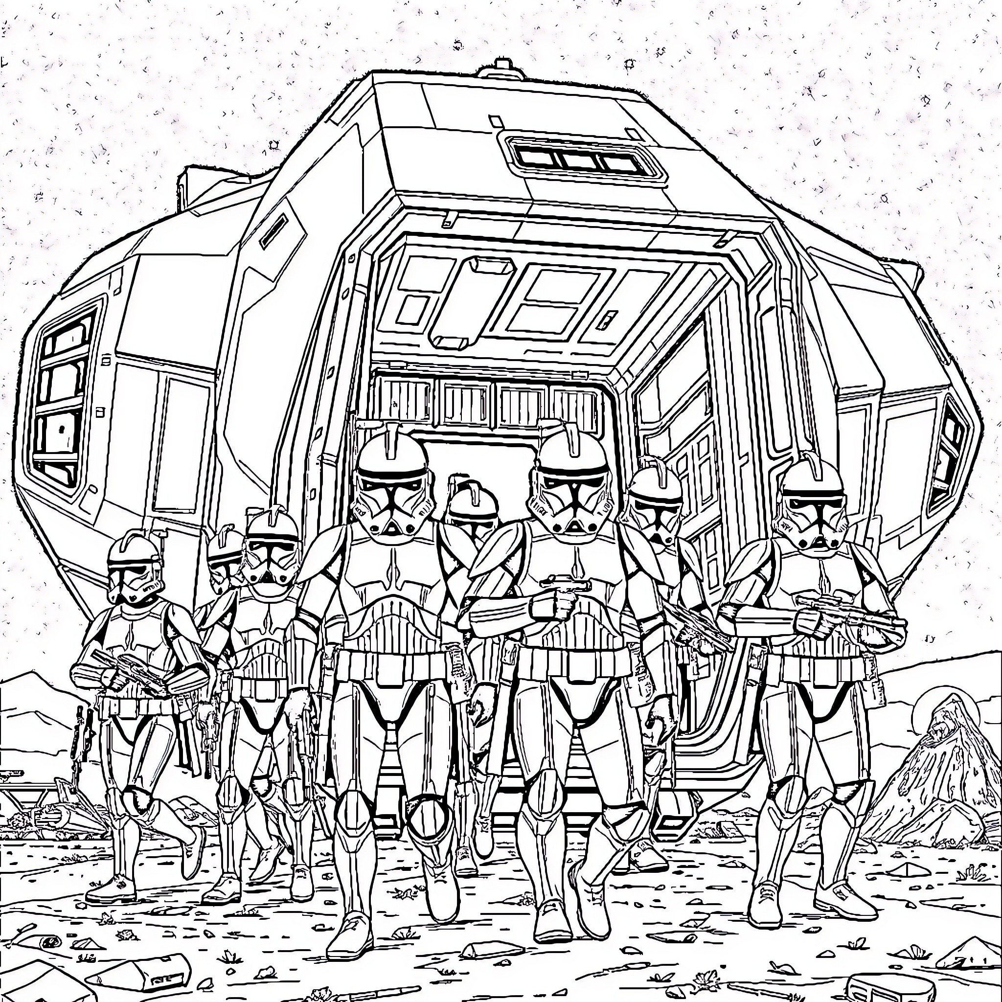 Clone Troopers in Military Deployment Coloring Page (free black-and-white line drawing printable PDF for all, from beginners to advanced learners, including children, teens, adults, and seniors)