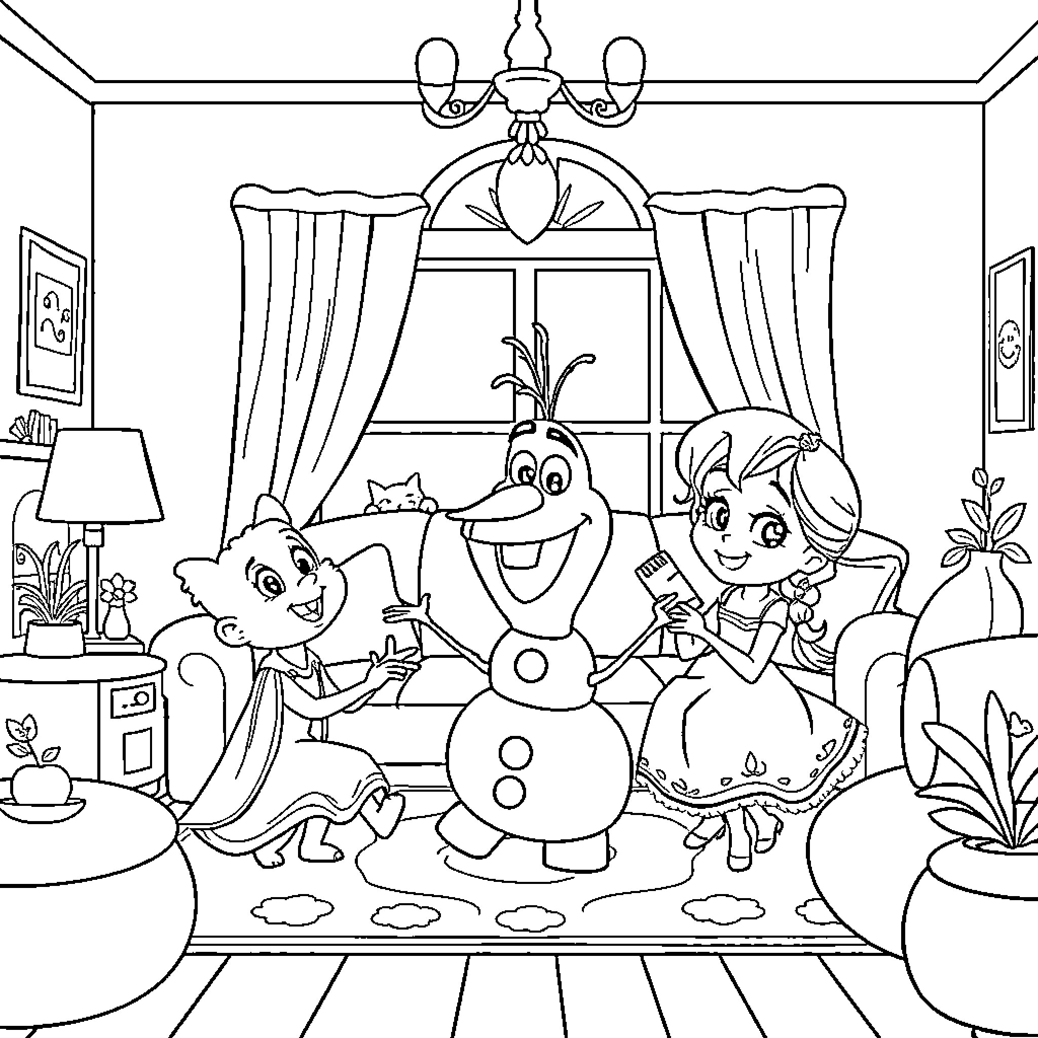 Bluey's Cozy Indoor Adventure with Friends Coloring Page (free black-and-white line drawing printable PDF for all, from beginners to advanced learners, including children, teens, adults, and seniors)