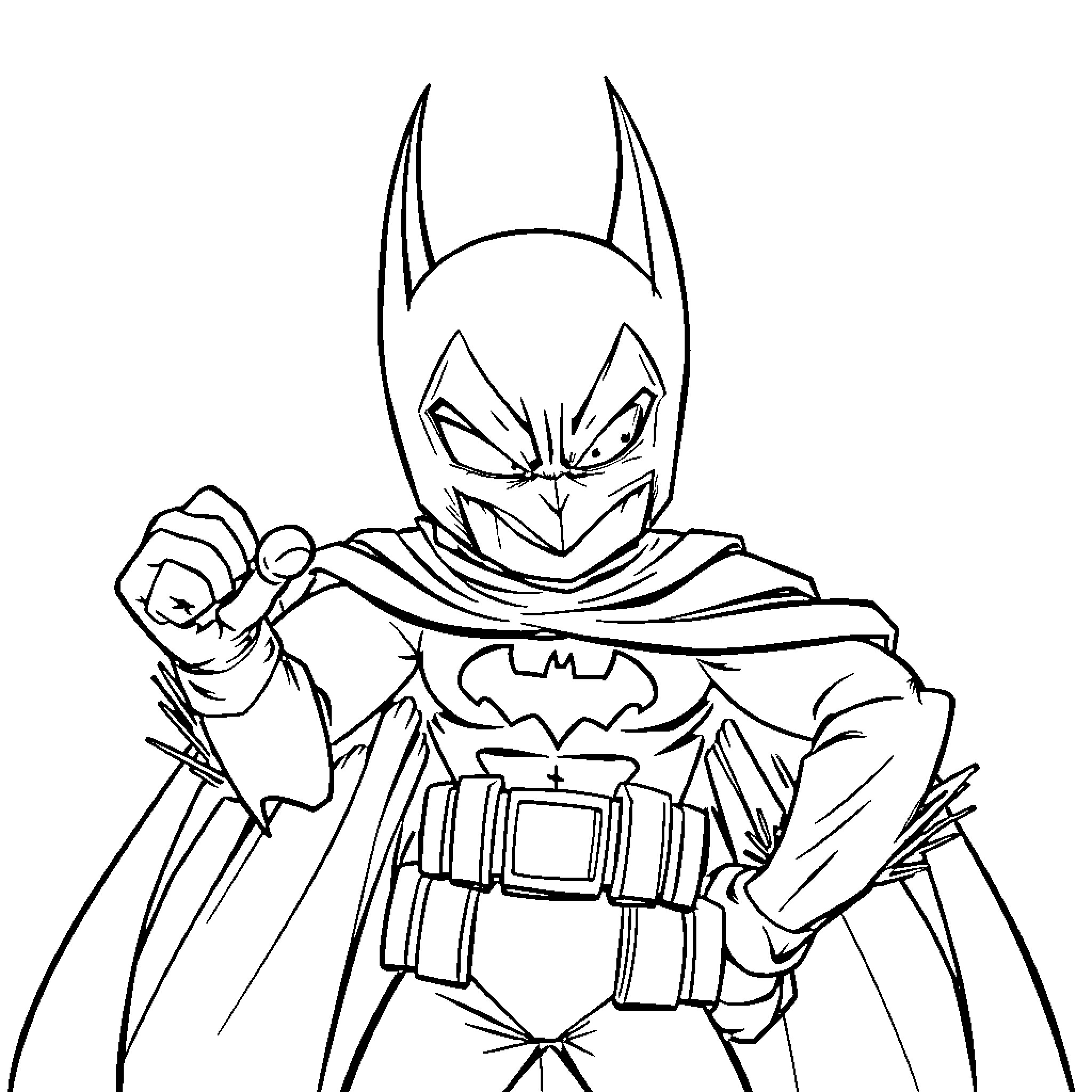 Batman ready for action with determined expression Coloring Page (free black-and-white line drawing printable PDF for all, from beginners to advanced learners, including children, teens, adults, and seniors)