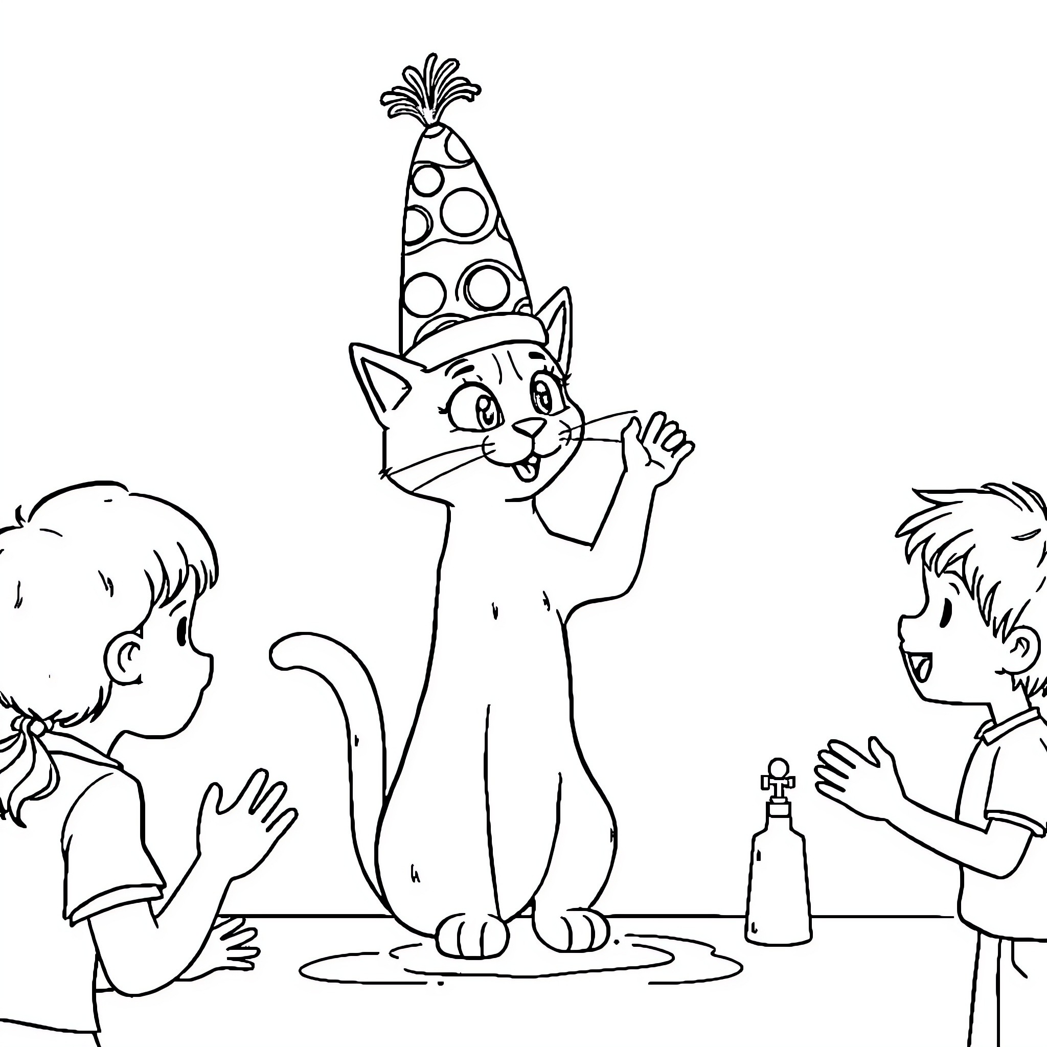 Cat celebrates with children at party Coloring Page (free black-and-white line drawing printable PDF for all, from beginners to advanced learners, including children, teens, adults, and seniors)