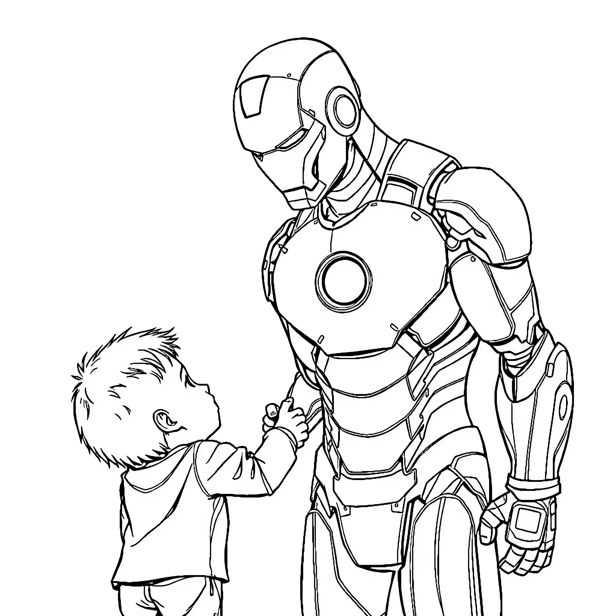 Iron Man assisting a young child Coloring Page (free black-and-white line drawing printable PDF for all, from beginners to advanced learners, including children, teens, adults, and seniors)